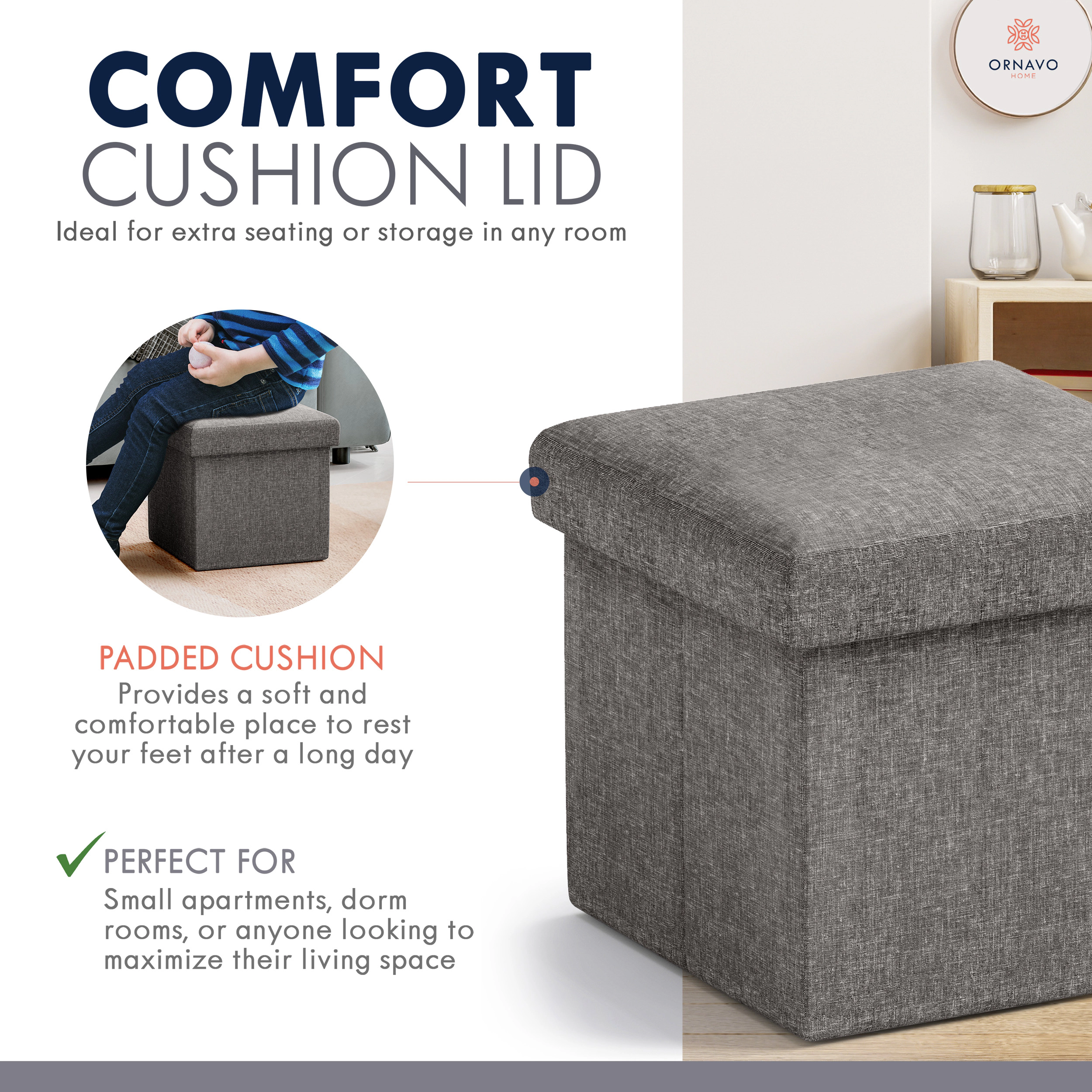 Ornavo Home Collapsible Small 12" Inch Square Storage Ottoman