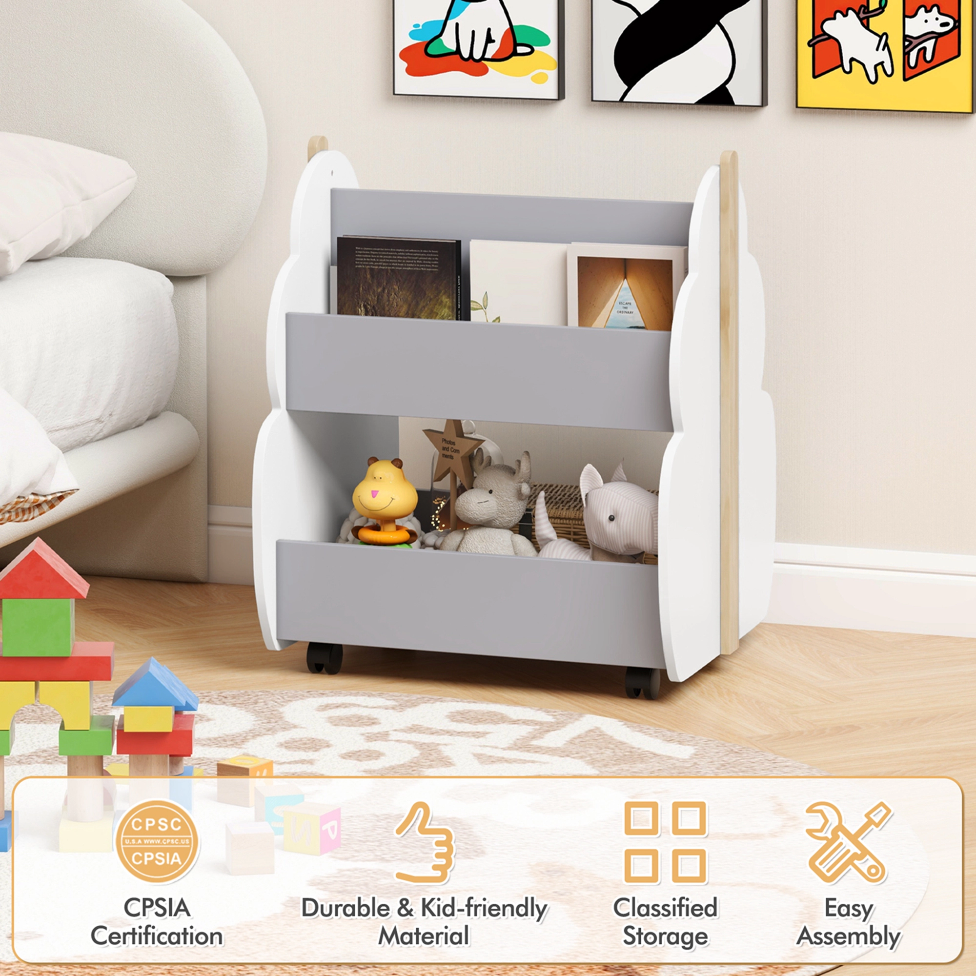 Costway Kids Wooden Bookshelf with Wheels 2-Tier Toy Storage Shelf Double-sided Bookcase Grey
