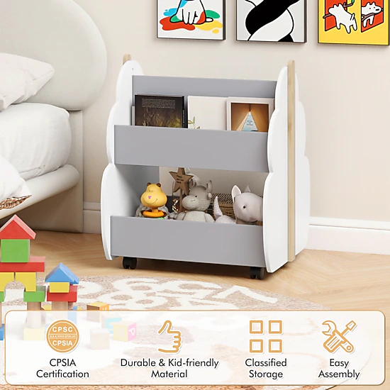 Costway Kids Wooden Bookshelf with Wheels 2-Tier Toy Storage Shelf Double-sided Bookcase Grey