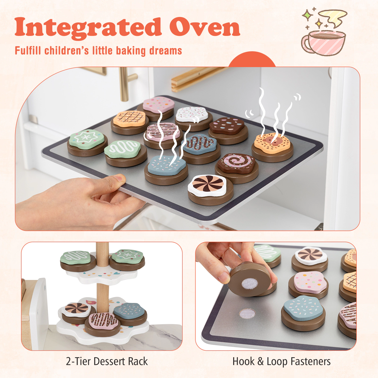 Kids Kitchen 2-Tier Dessert Rack Toaster Ice Dispenser Lights and Sounds 39.5-in Play Kitchen Playset Ages 3+ White