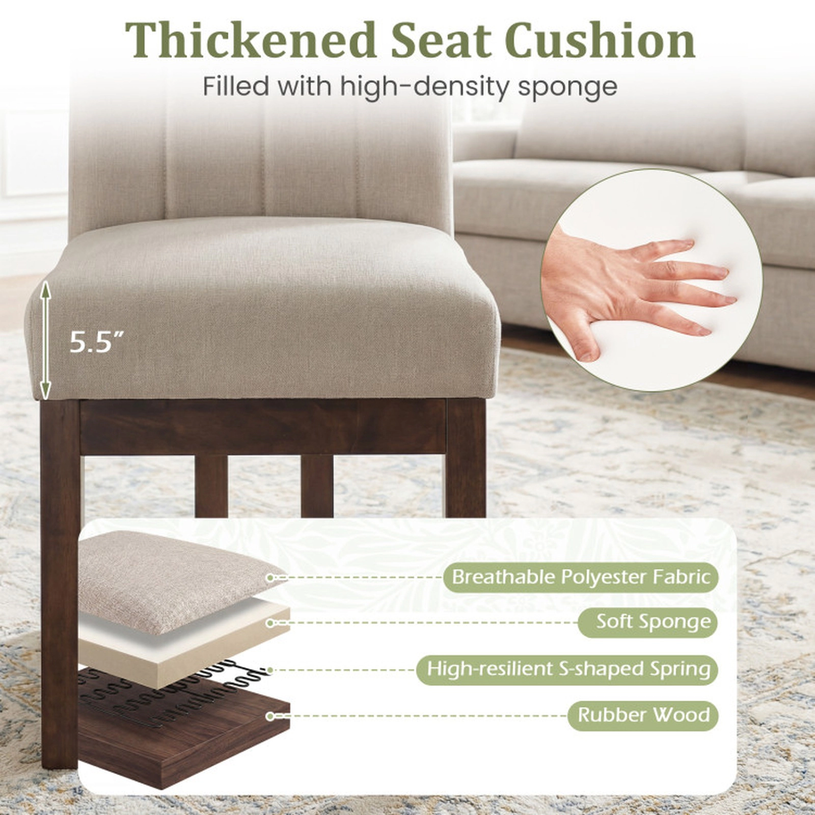 SUGIFT Modern Farmhouse 5.5 in Thickened Padded Seat 330-lb Set of 4 Fabric Dining Chairs