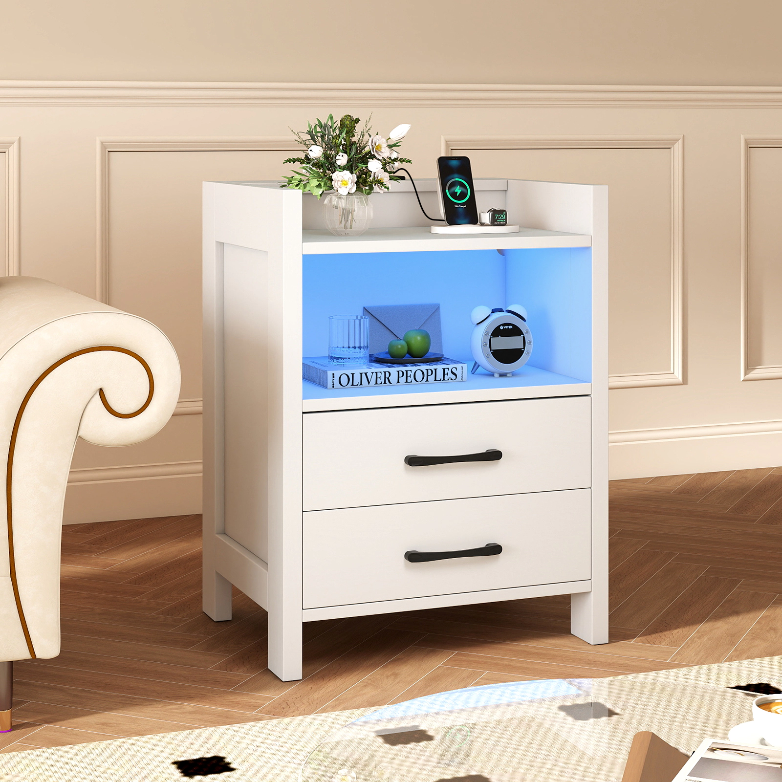 SlickBlue Modern Nightstand with Storage and Charging Station