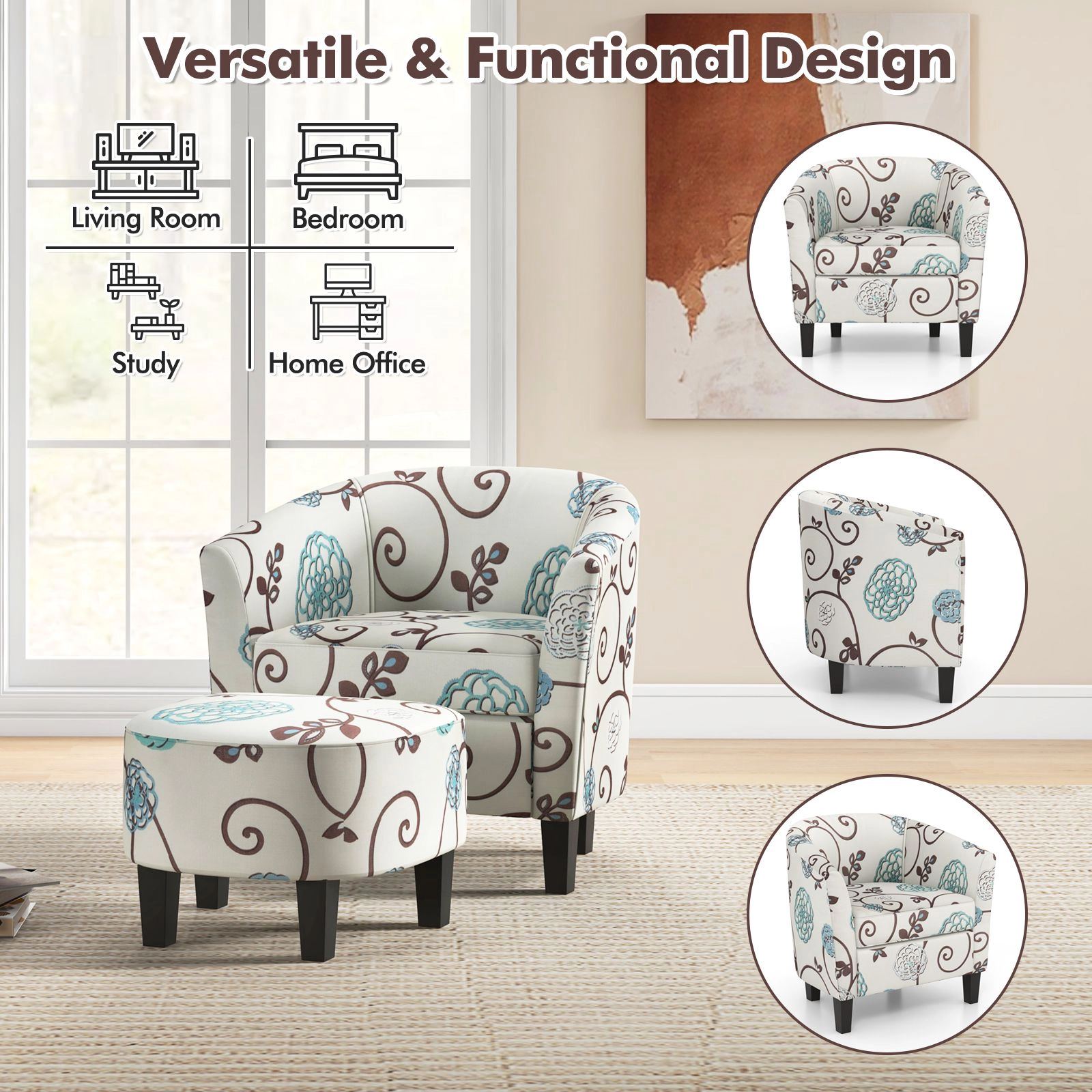 SlickBlue Accent Chair with Ottoman Fabric Upholstered Armchair Living Room Chair