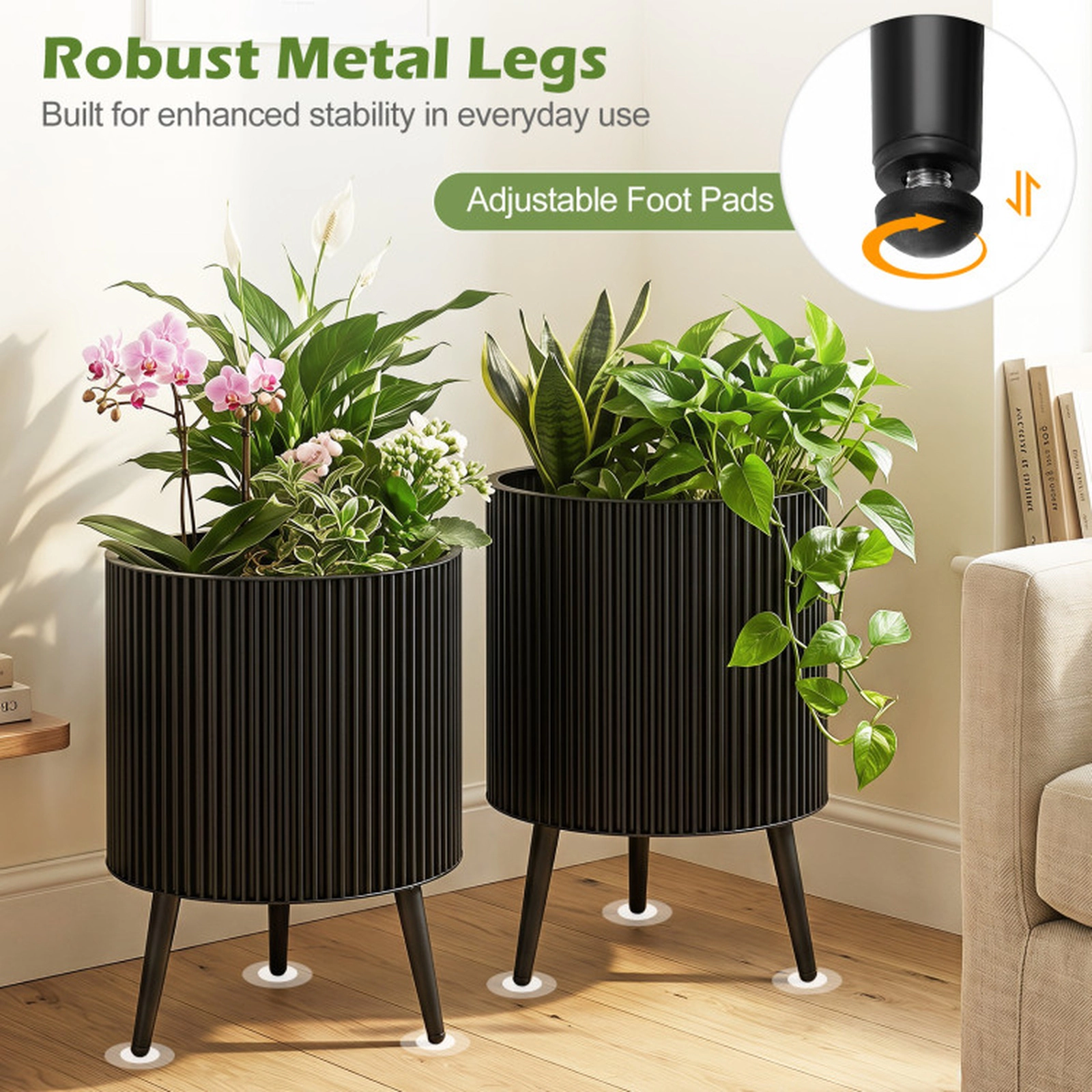 SUGIFT Set of 2 Black Fluted Metal Flower Pots with Stands 14-in Dia and 12-in Dia 21.5-in H 110-lb Pot Capacity