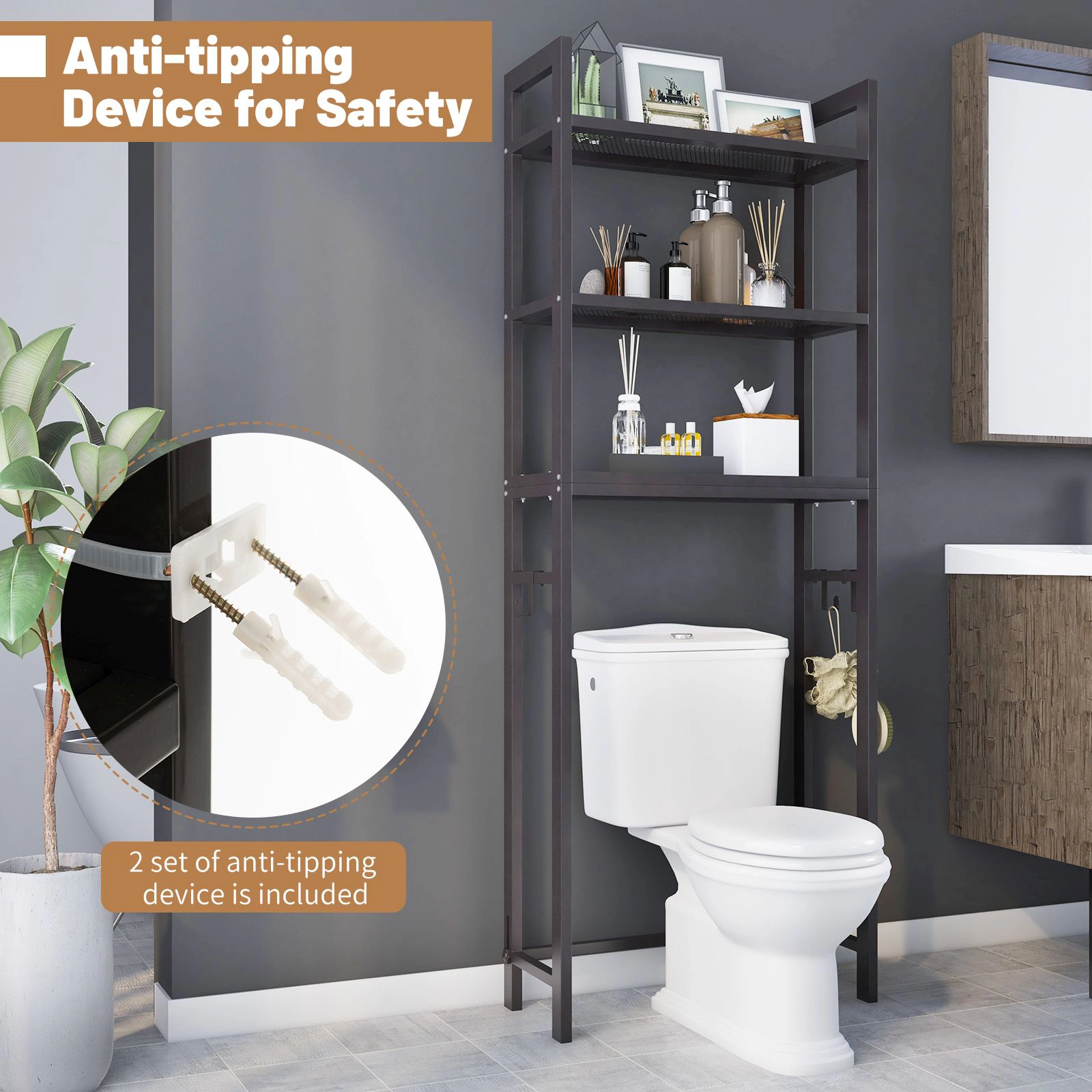 SlickBlue Bathroom Toilet Storage Rack with 3 Shelves and S Hooks