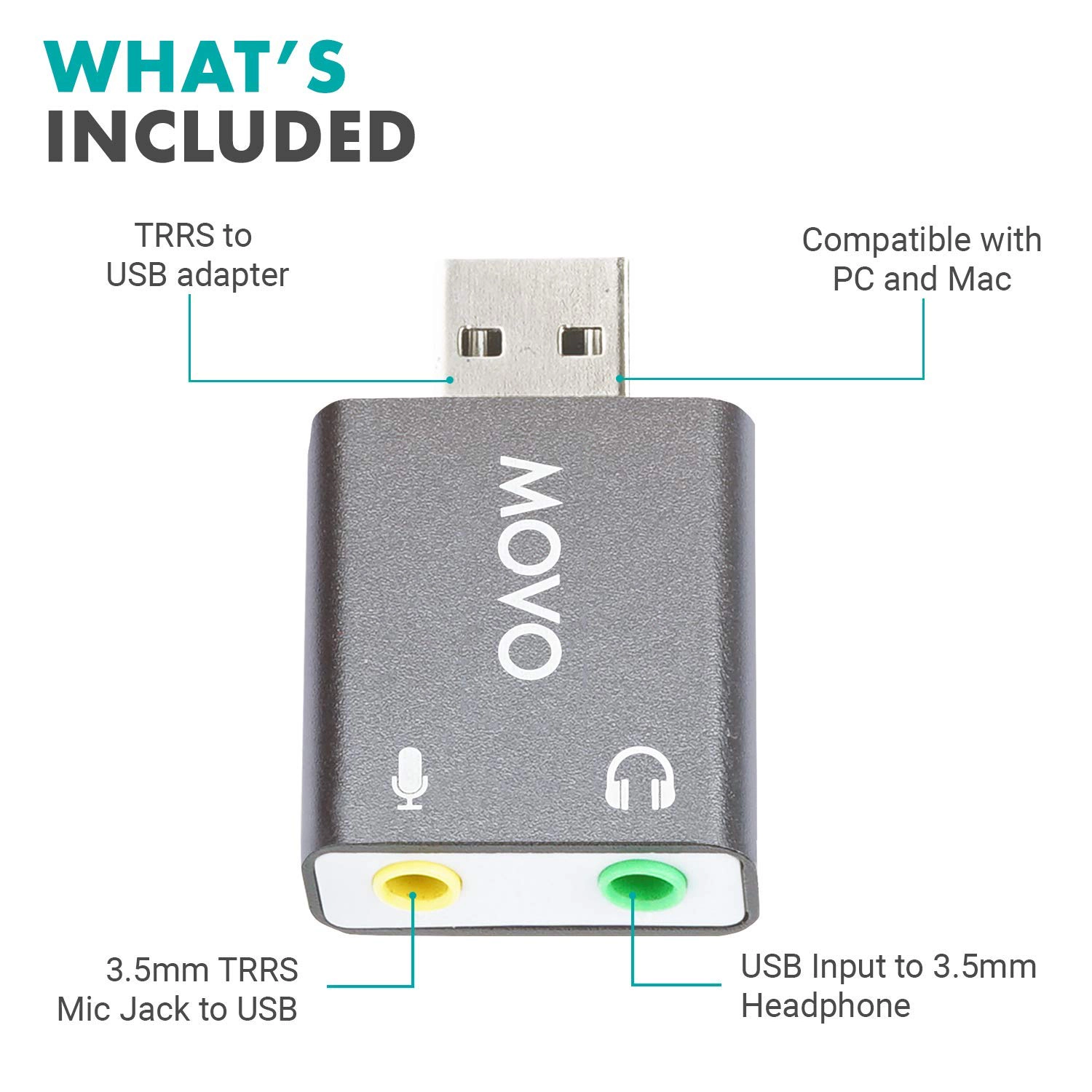 Movo USB-AC1 3.5mm TRRS Microphone to USB 2.0 Stereo Digital Audio Converter - USB Sound Card Adapter for Computer