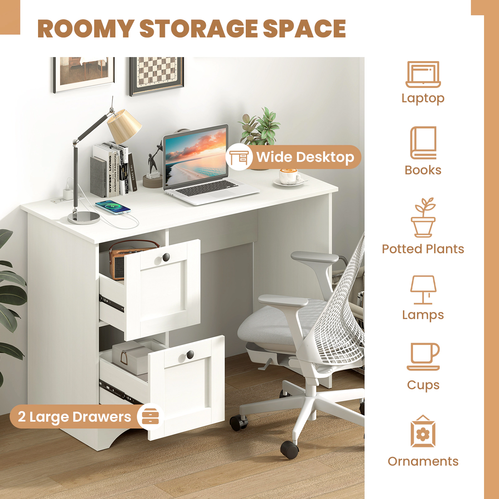 SUGIFT 43-Inch Modern White Computer Desk with 2 Drawers, Charging Station and Cable Hole