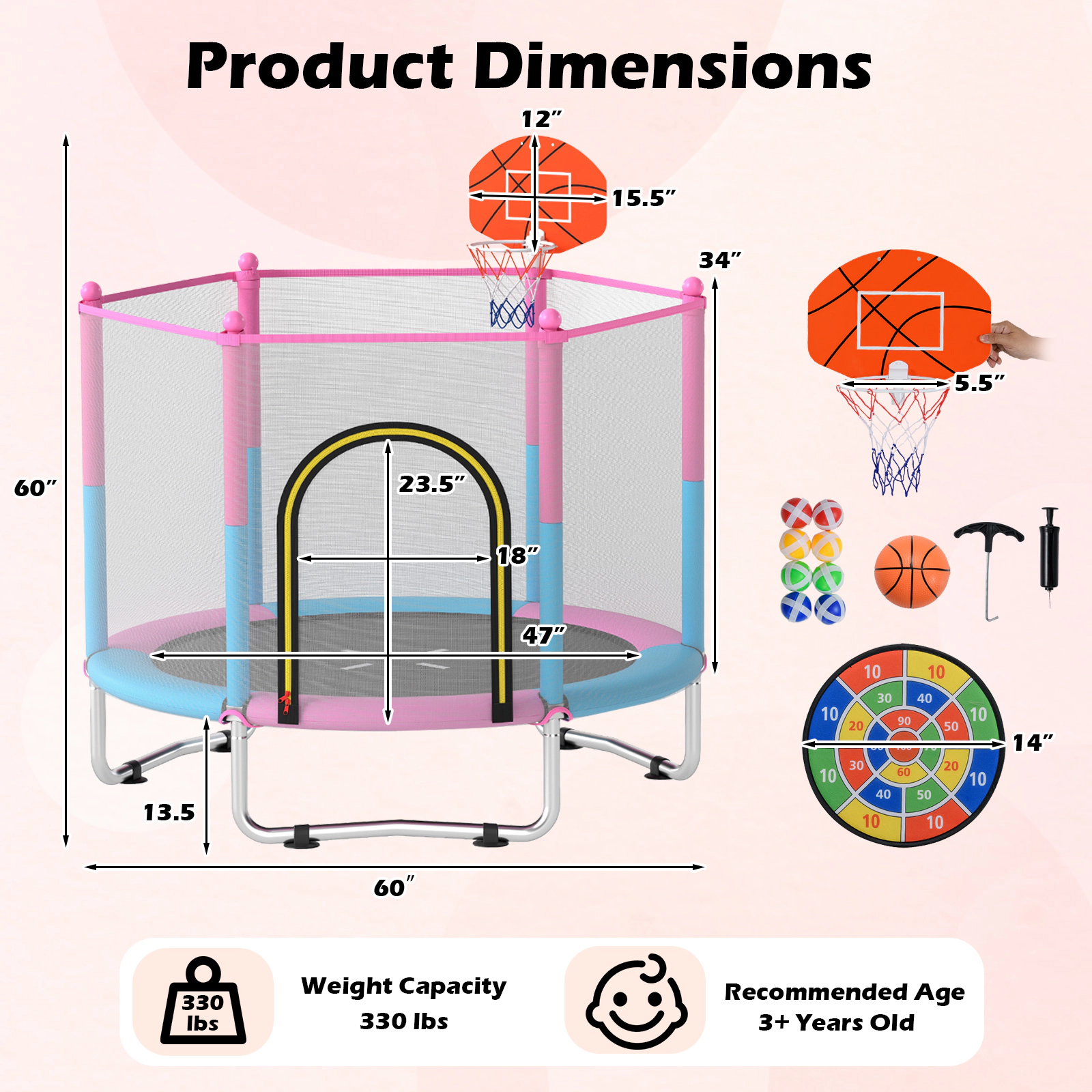 60-in Kids Trampoline Net Basketball Hoop 3-in-1 Dart Board 330-lb Capacity 30 Springs Macaron Recreational Ages 3-6