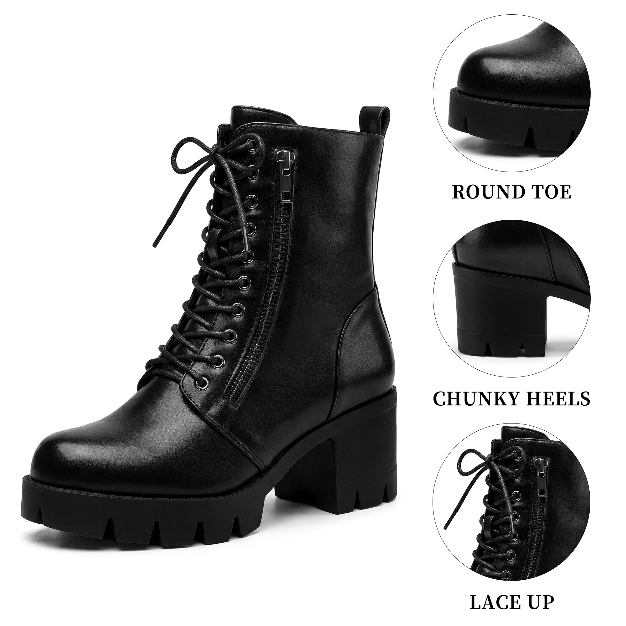 BLISSFUL STEP Chunky Heel Platform Combat Boots for Women