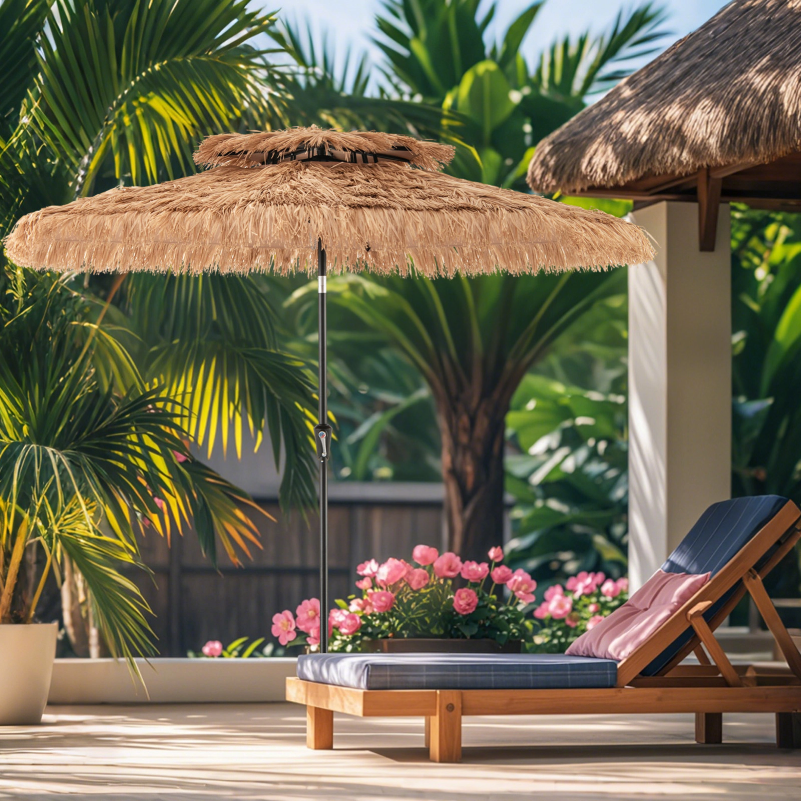 SUGIFT 9-Foot Thatched Tiki Patio Umbrella with 8 Ribs Push-Button Tilt Natural