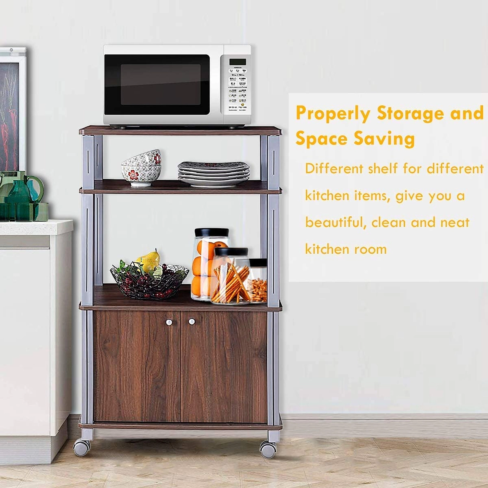 SUGIFT Walnut Rolling Kitchen Cart Microwave Rack Stand with 2-Door Cabinet 23.5-in W 15.5-in D 38.5-in H