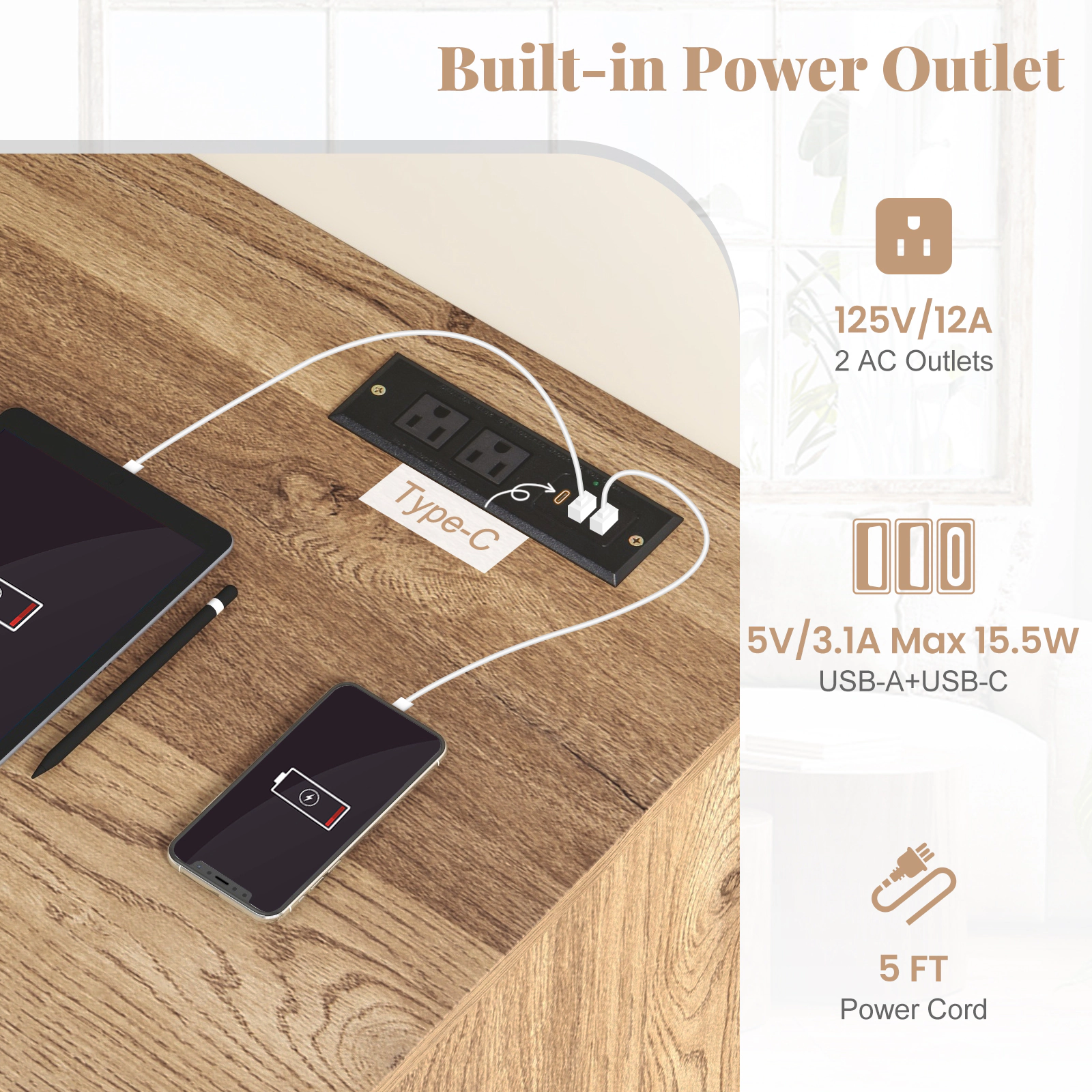 SUGIFT Natural Power Outlet Pull-Out Keyboard Tray and 3 Drawers 42 Inch Computer Desk