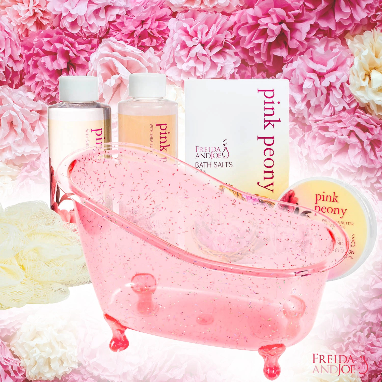 Freida & Joe Women Peony Bath & Body Spa Gift Set In A Tub Basket Valentine's Gift
