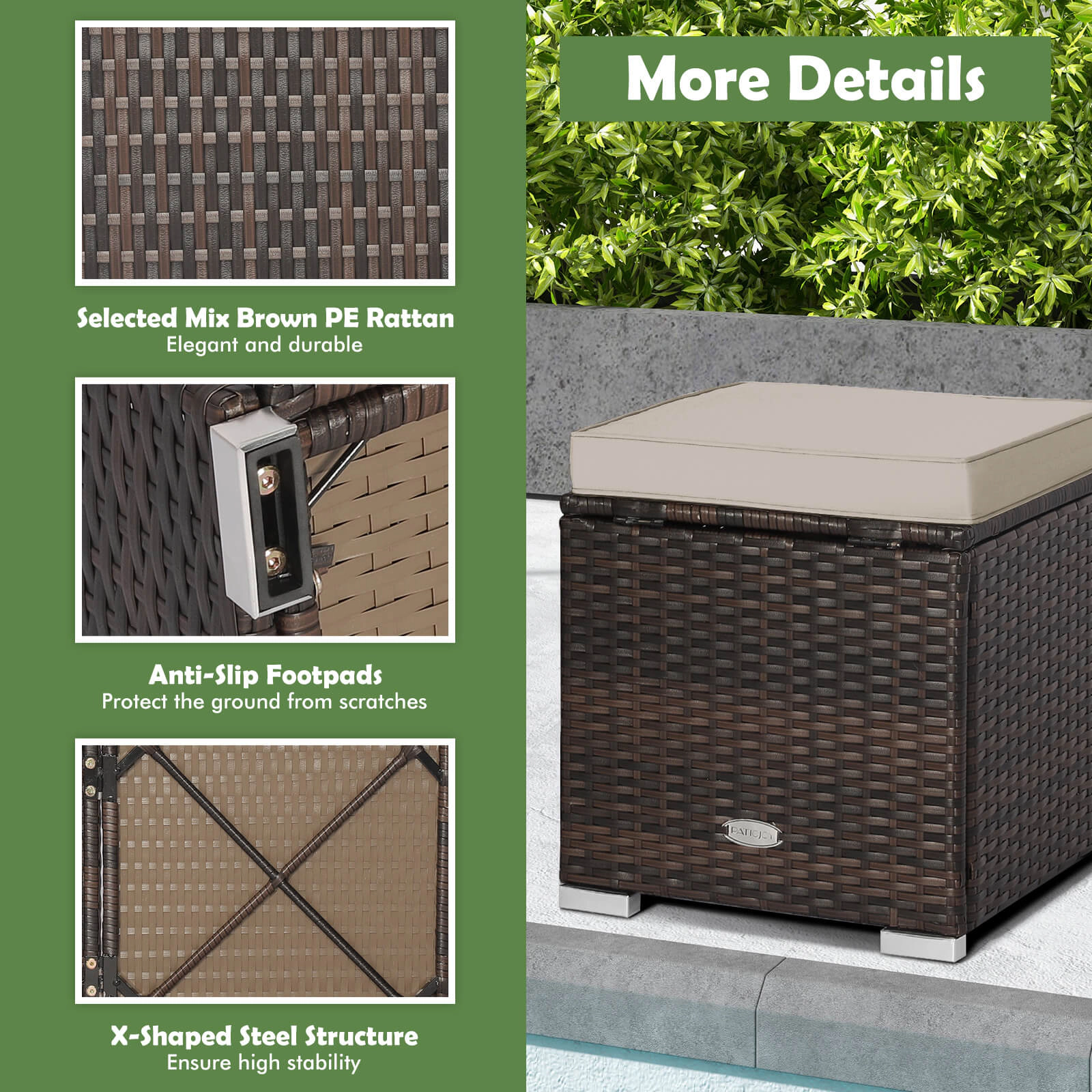 SUGIFT Hidden Storage and Removable Cushions 2-Piece Patio Wicker Ottoman Set