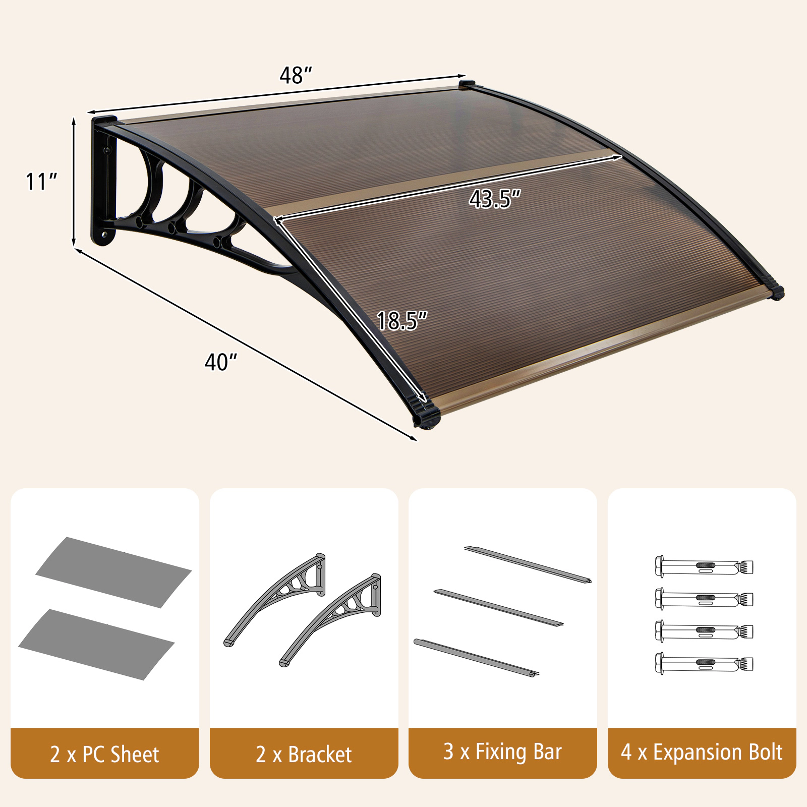 SUGIFT 48 x 40 Inch Outdoor Door Awning Brown Patio Overhang for Rain and Snow