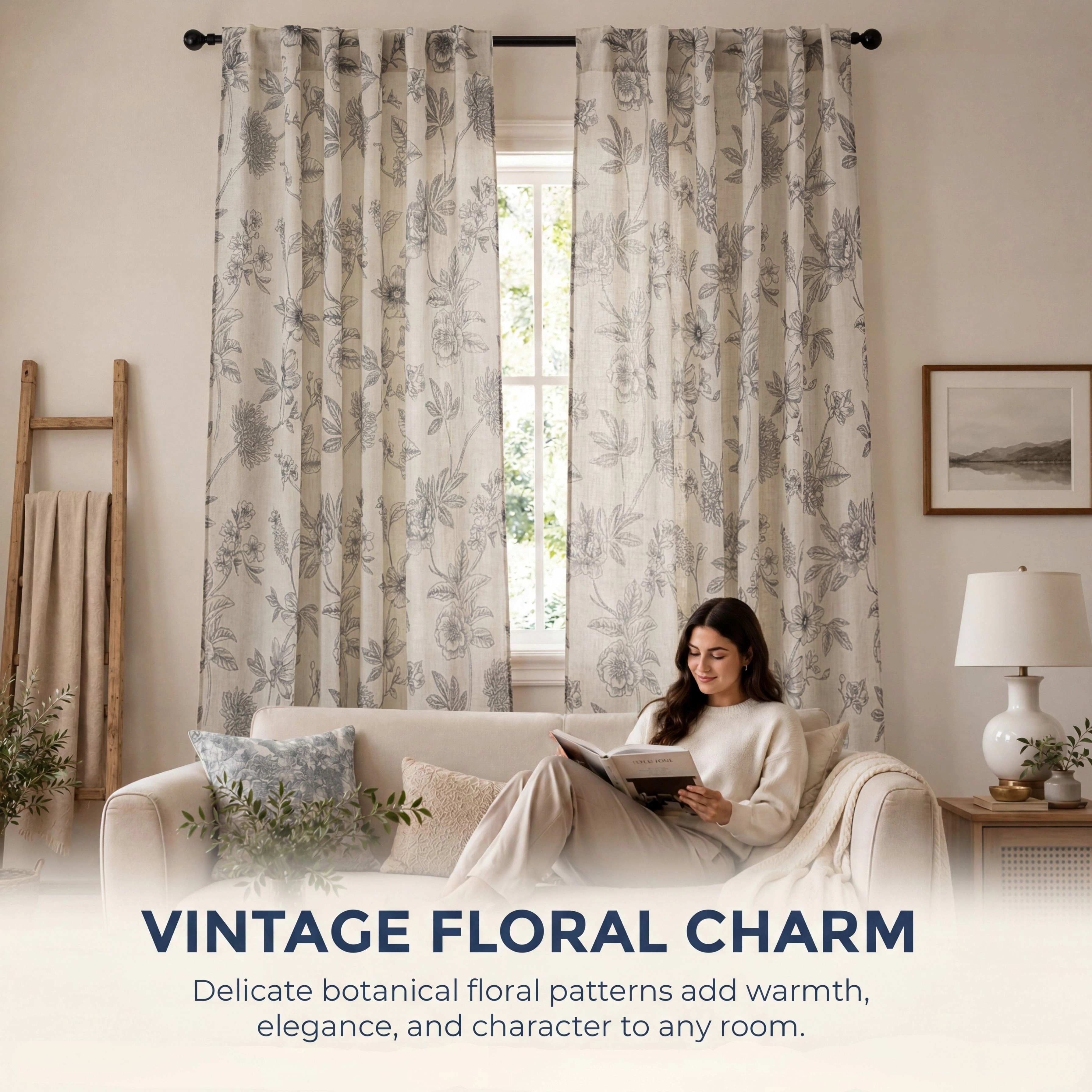 HLC.ME Brookville Linen Floral Print Patterned Curtains - Back Tab Pocket Window Flower Panels, Set of 2