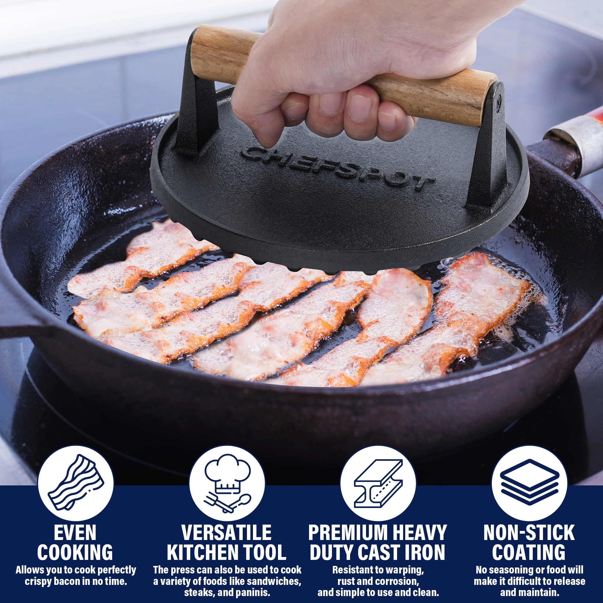 CHEFSPOT 7 Inch Cast Iron Burger Press With Wood Handle