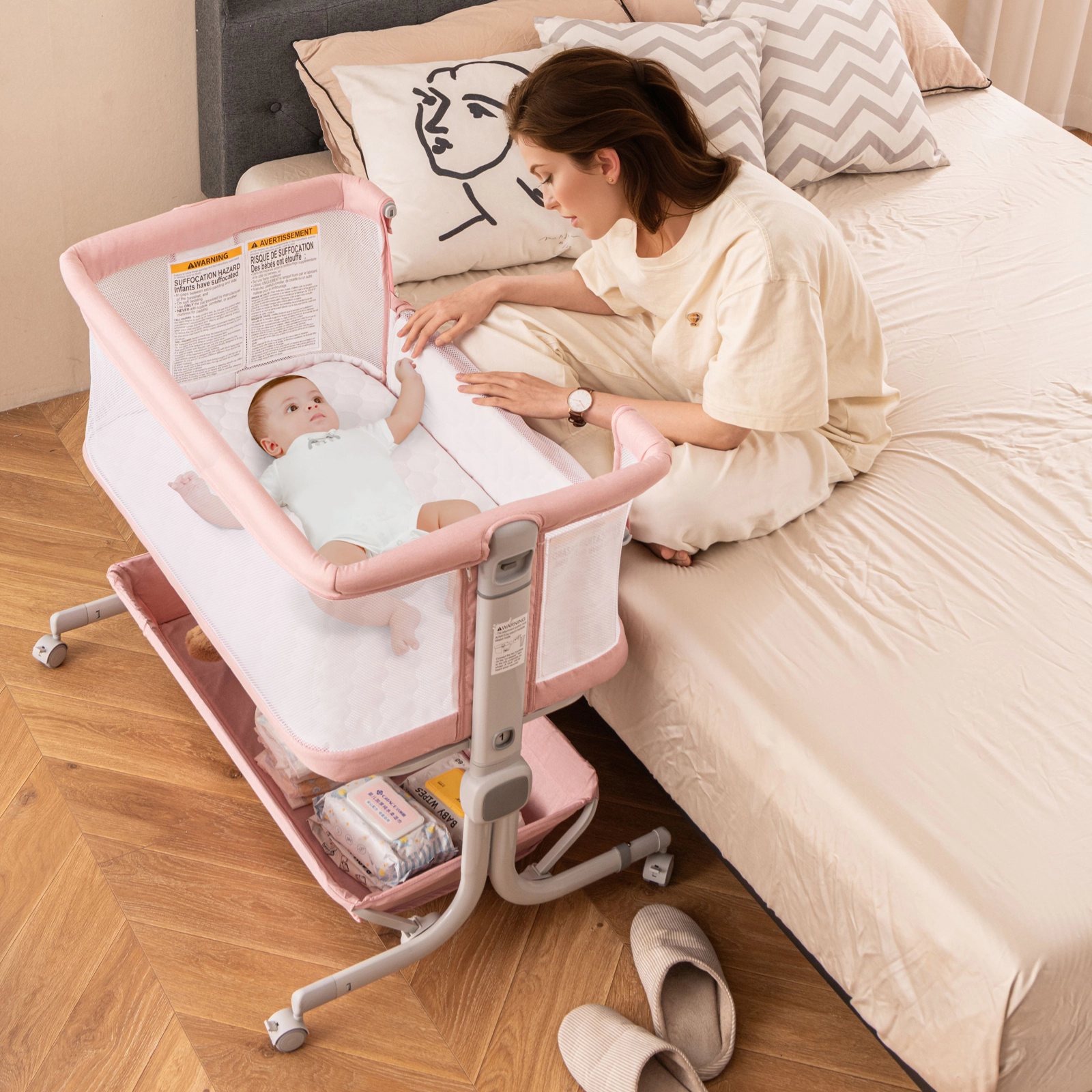 SUGIFT 3-in-1 Baby Bassinet Bedside Sleeper with 6-Level Adjustable Height 20-lb Capacity Ages 0-6 Months Pink