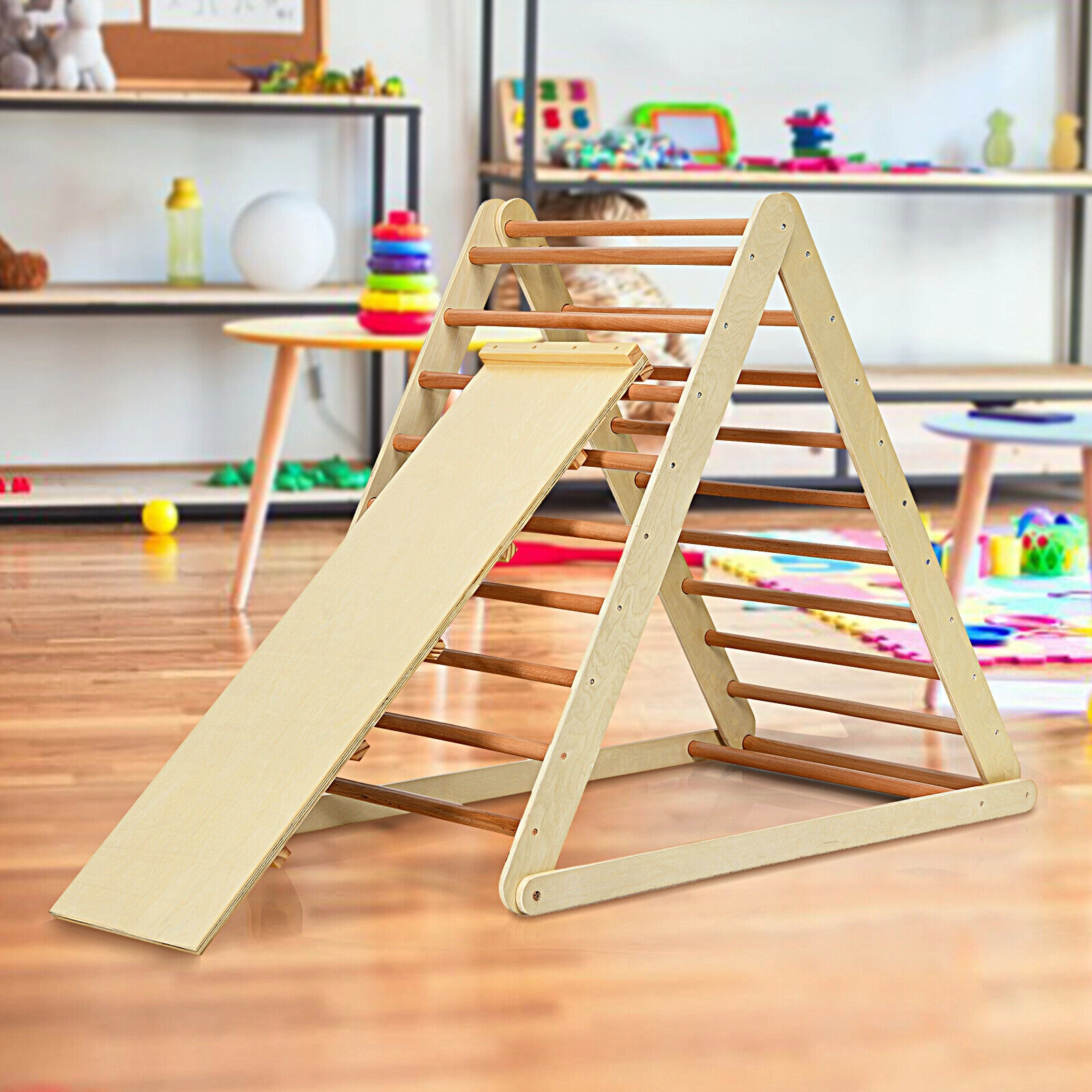 SUGIFT Natural 48-in Foldable Wooden Kids Climber with Ladder and Climbing Ramp 7.5-in Folded 132-lb Frame Load