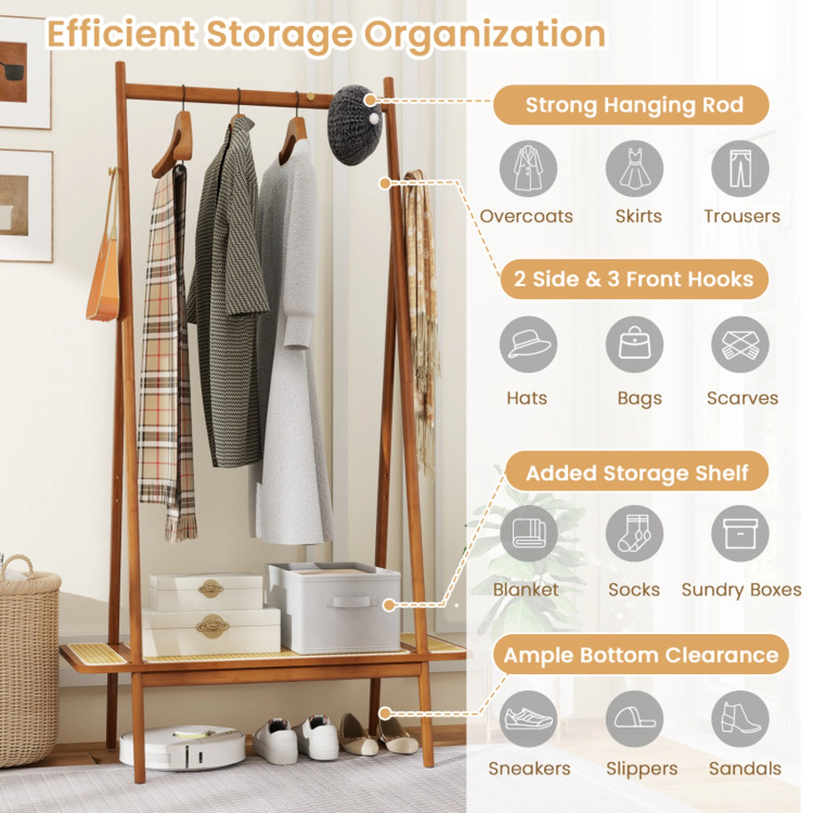 SUGIFT Bamboo Clothes Rack with Hanging Rod Rattan Shelf and Hooks
