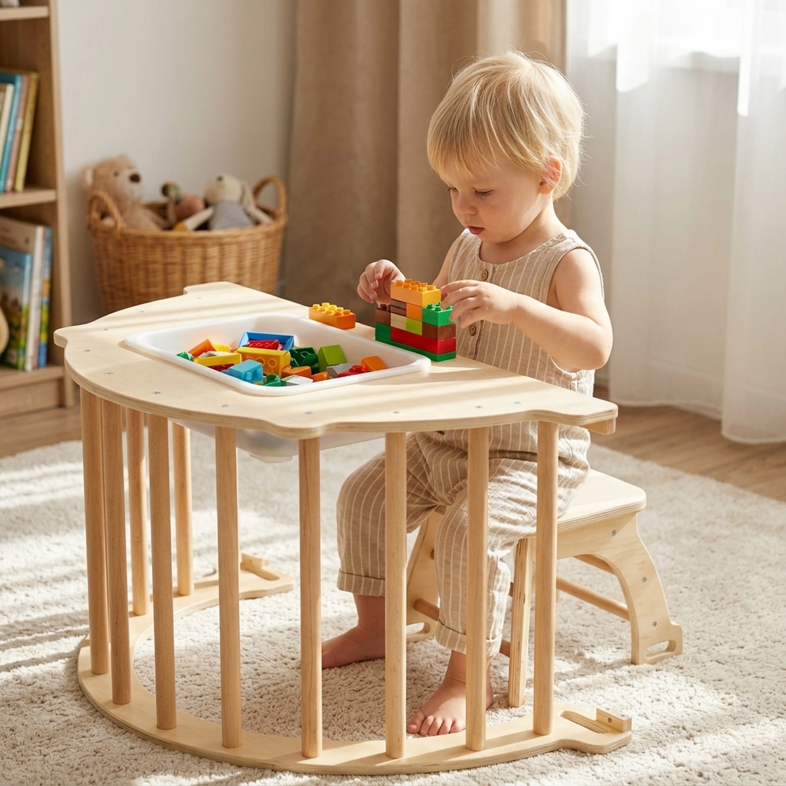 8-in-1 Wooden Climbing Arch Sensory Table Collapsible Storage Bin Rocker Stoppers and 110-lb Capacity Ages 3+ Natural