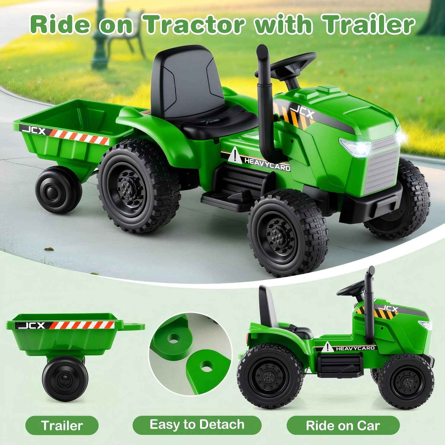 SUGIFT 12V 2-in-1 Kids Ride On Tractor with Detachable Trailer and 3-Gear Shift 66-lb Capacity Ages 3-8 Green