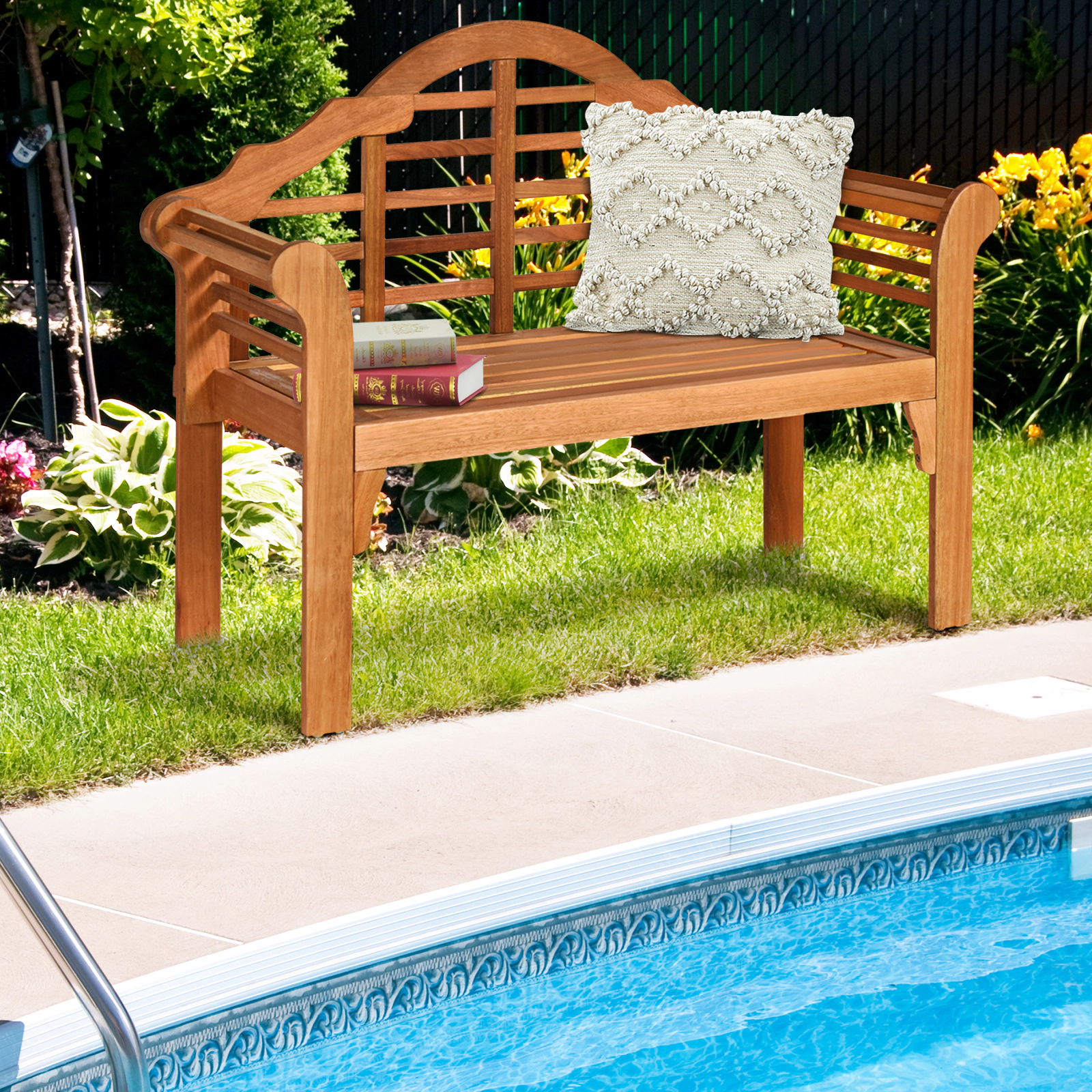 Hivvago 49 Inch Eucalyptus Wood Outdoor Folding Bench With Backrest Armrest For Patio Garden