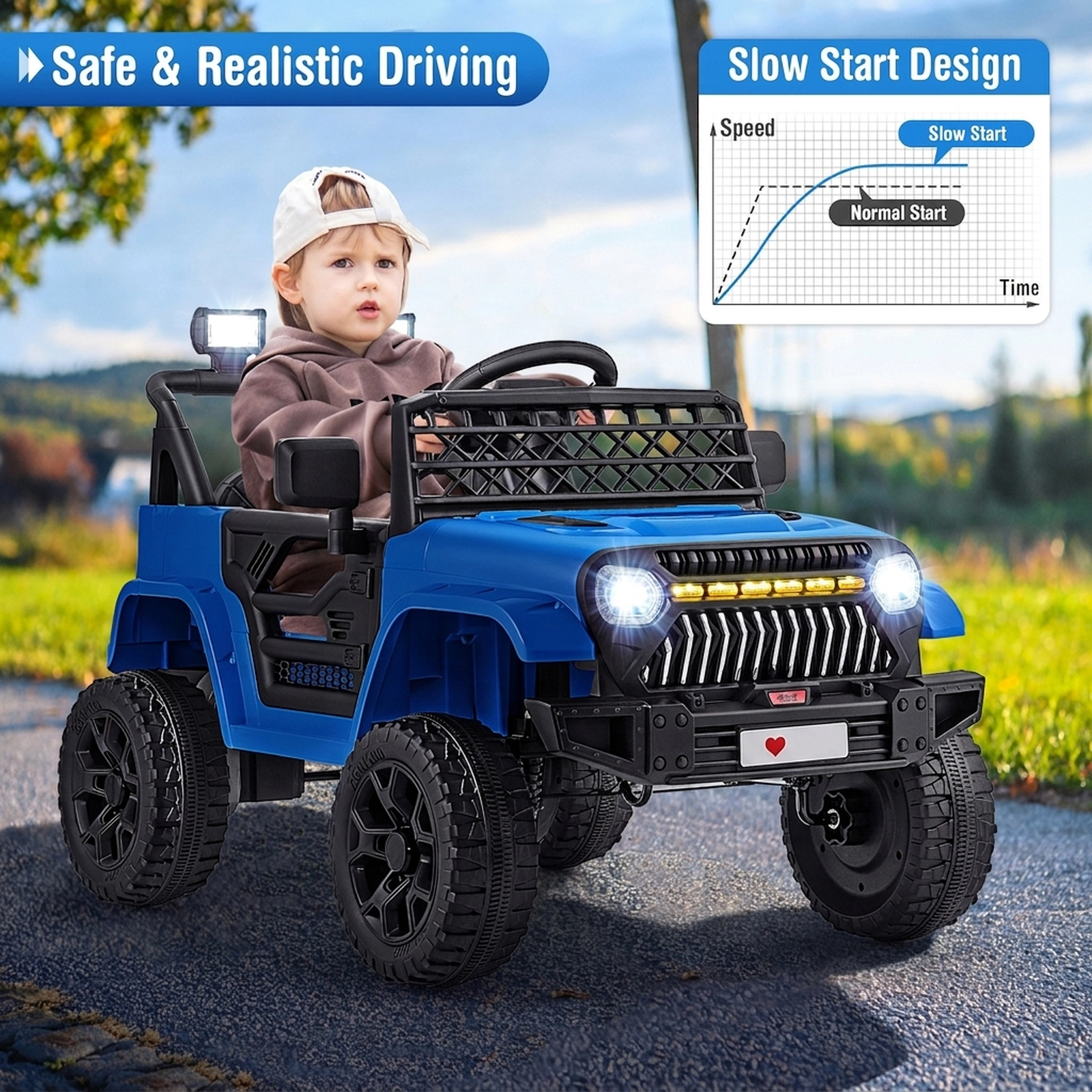 12V Kids Ride On Truck Parent Remote Dual Motors Wireless Music Player Electric Car LED Lights Door Locks Ages 3+ Navy