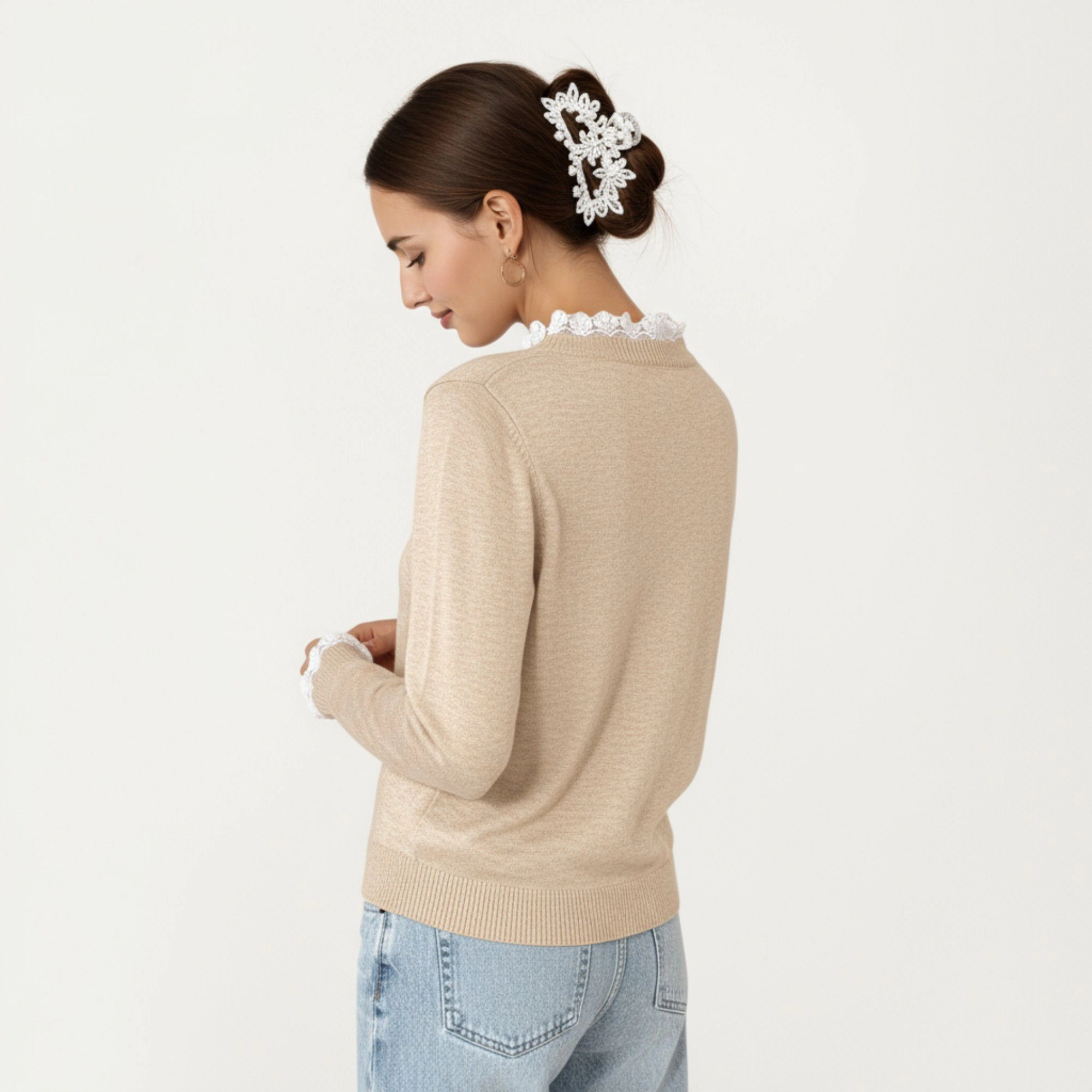 Anna-Kaci Women's Lace Trim Collar Button Front Long Sleeve Knit Top