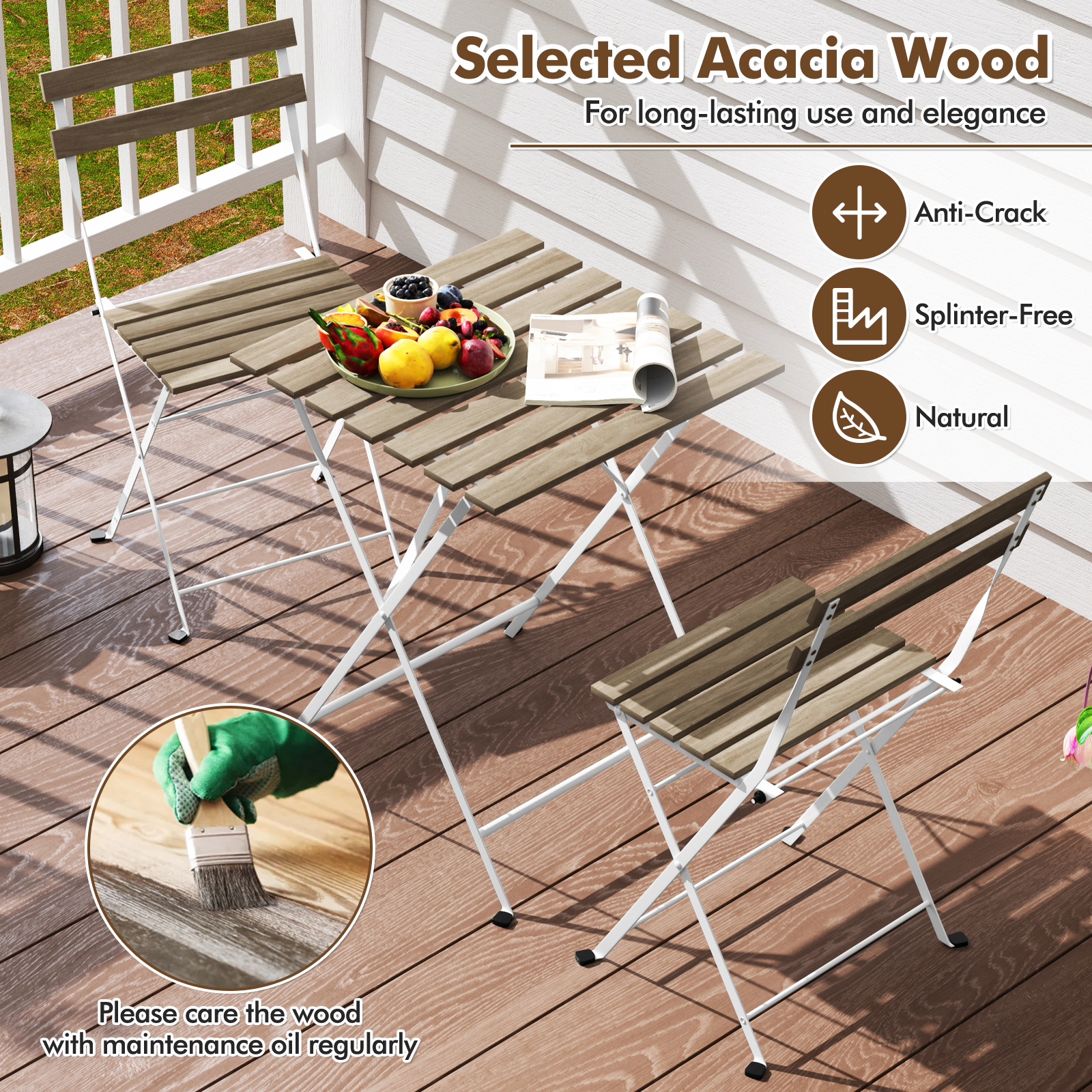 SUGIFT 3-Piece Acacia Wood Bistro Set with 2 Folding Chairs and Slatted Table