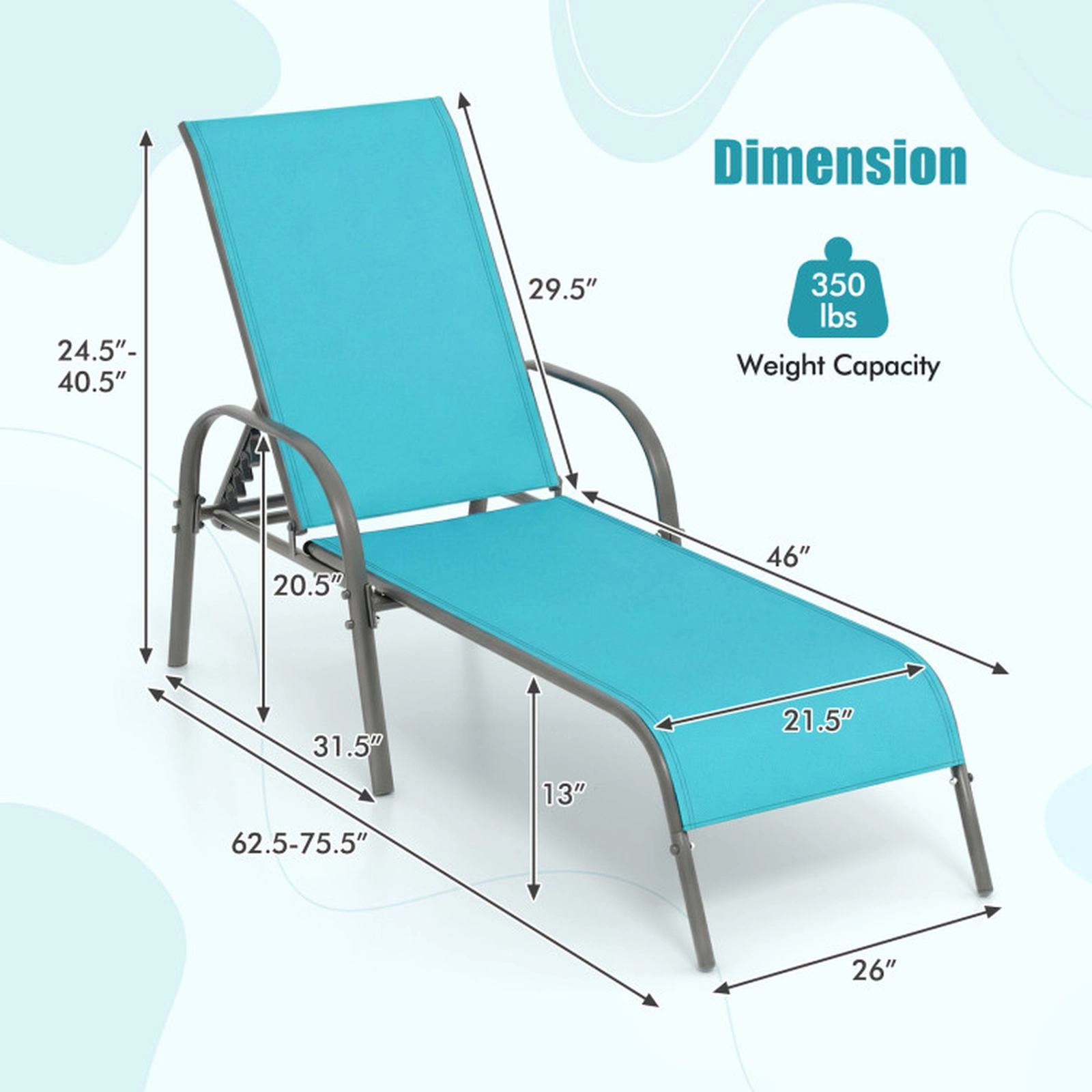 SUGIFT Adjustable 5-Position Patio Chaise Lounge Chair 350-lb Capacity 75.5-in Horizontal 62.5-in Upright Turquoise