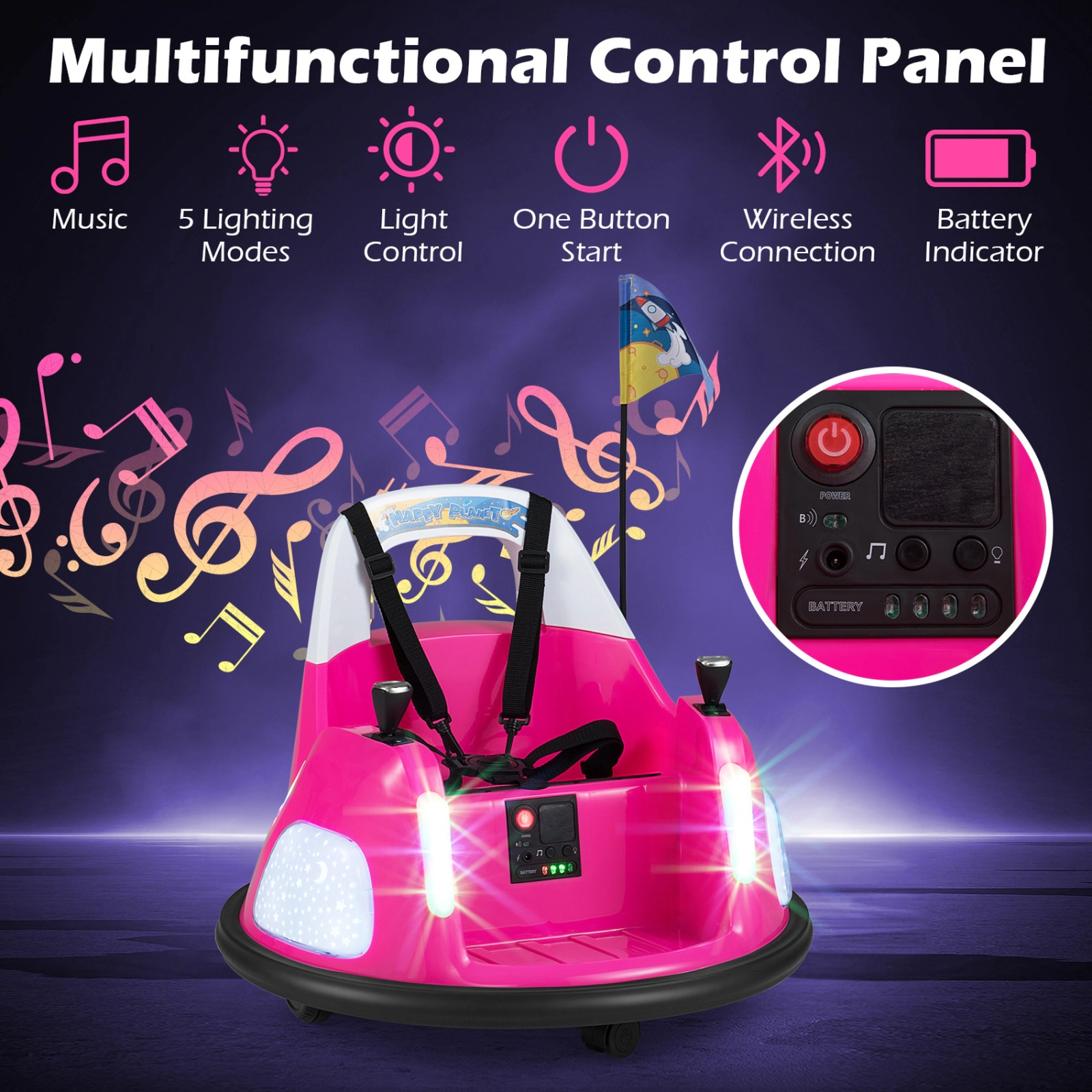 SUGIFT 12V Ride On Bumper Car with Remote Control and Flashing Lights 55-lb Capacity Ages 18-72 Months 23.5-in Wide Pink