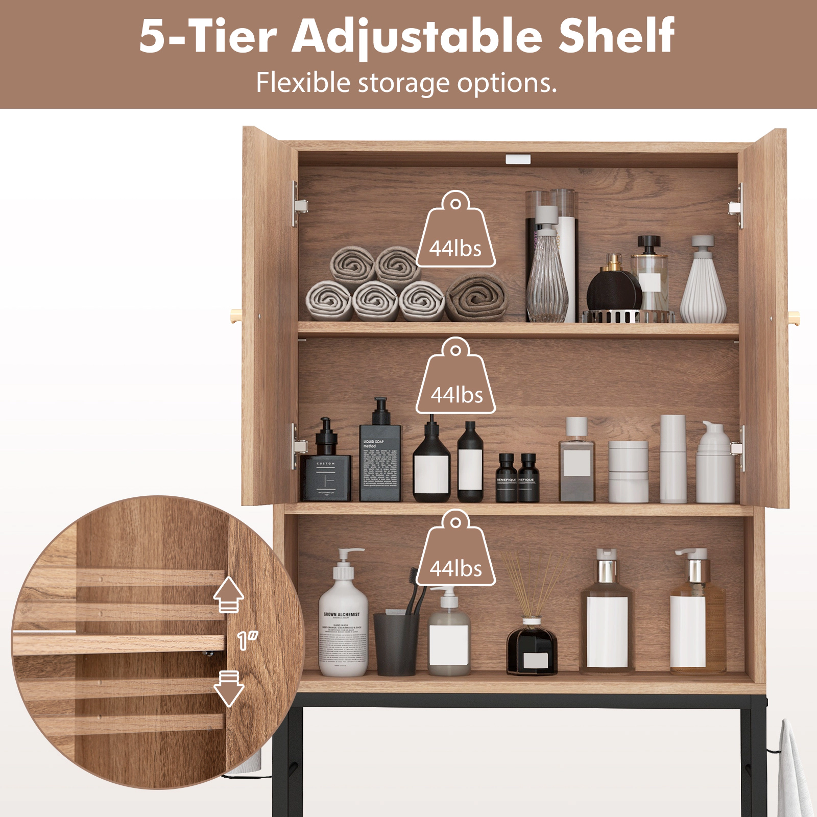 SUGIFT Over The Toilet Storage Cabinet with 2 Doors and Adjustable Shelf 9-in Deep 132-lb Capacity Natural Black White