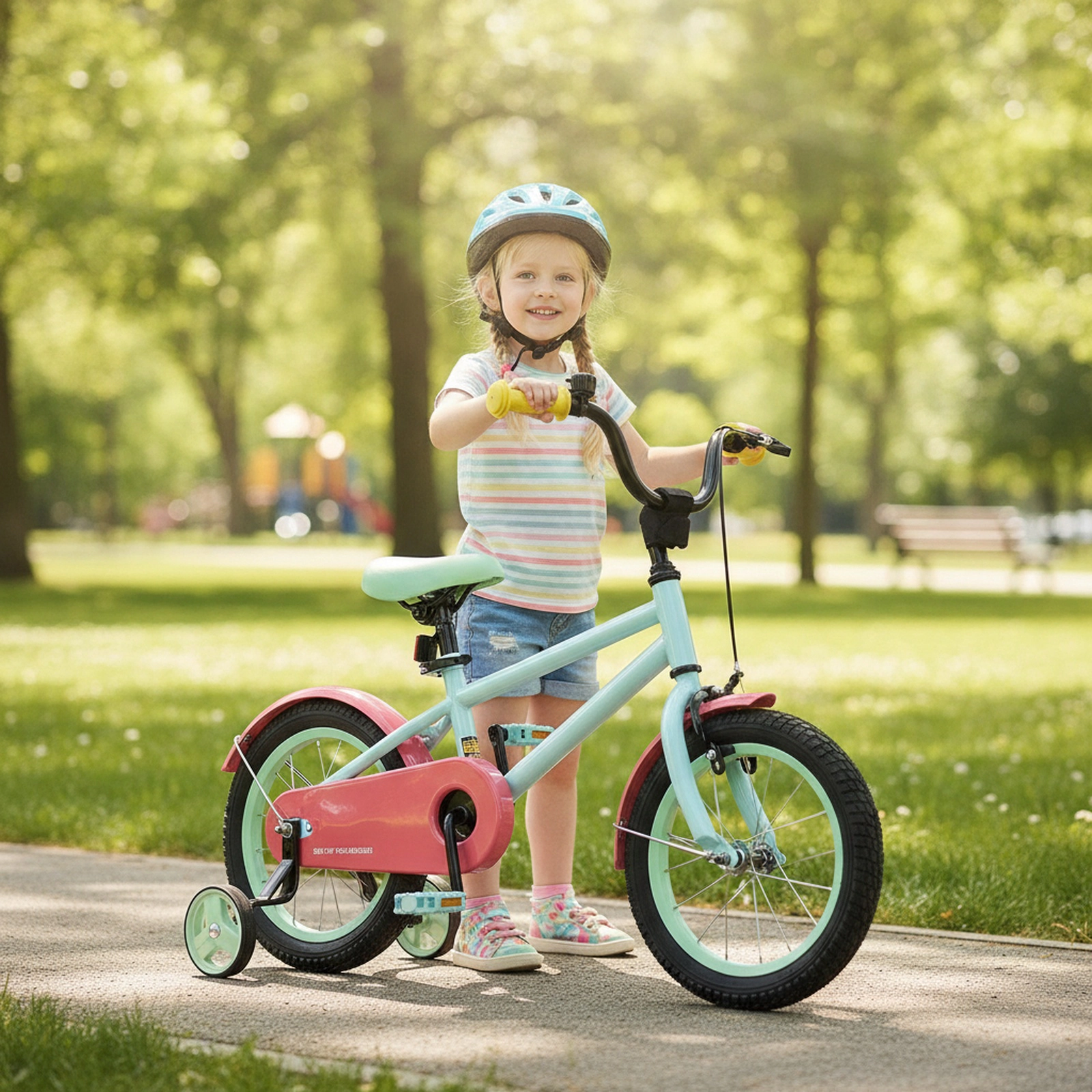 14-in Kids Bike Anti-Puncture Shock-Absorbing Wheels Removable Training Wheels Quick-Release Saddle Ages 3-5 Blue
