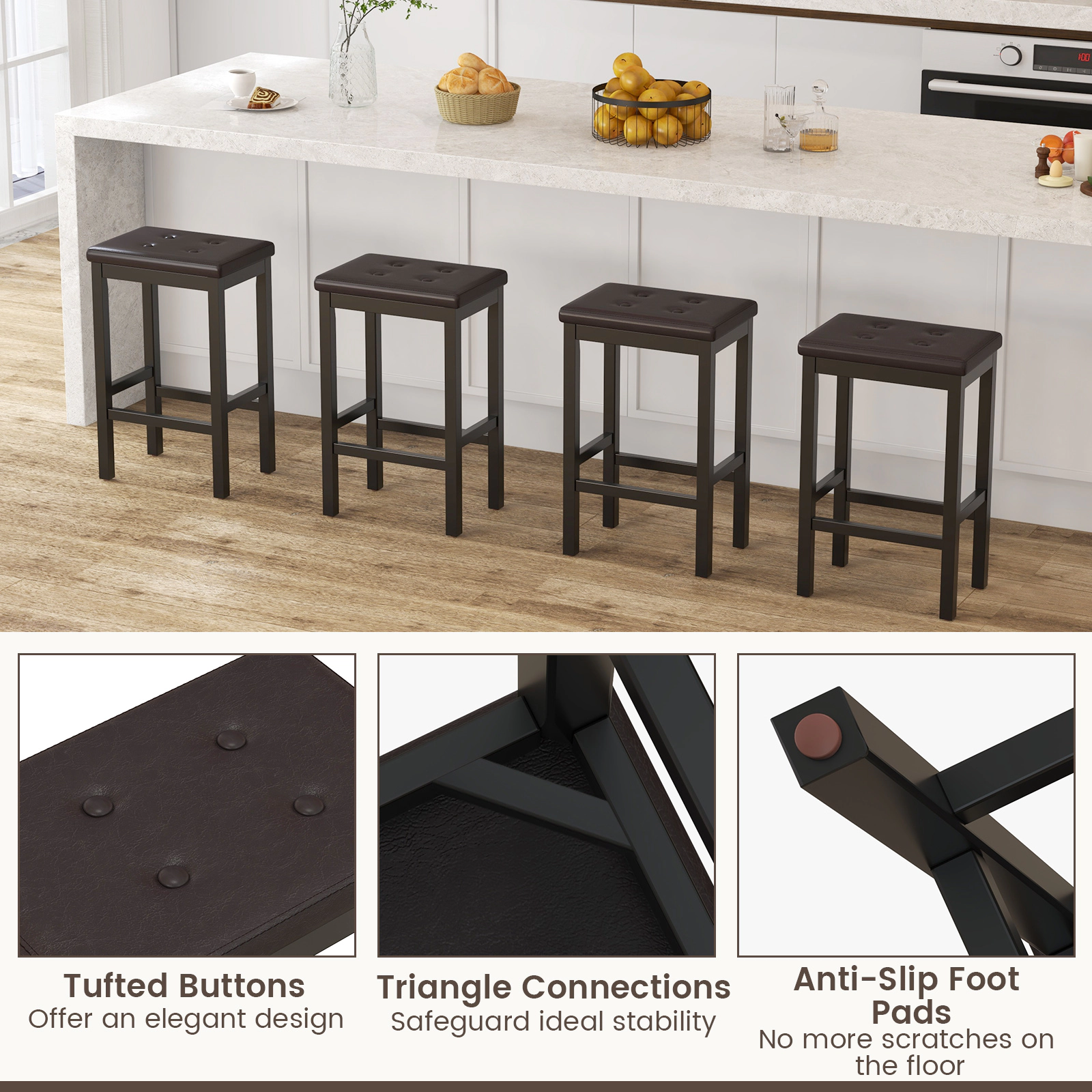 Hivvago  24 Inch Bar Stools with Padded Seat Footrest and Rubber Wood Frame