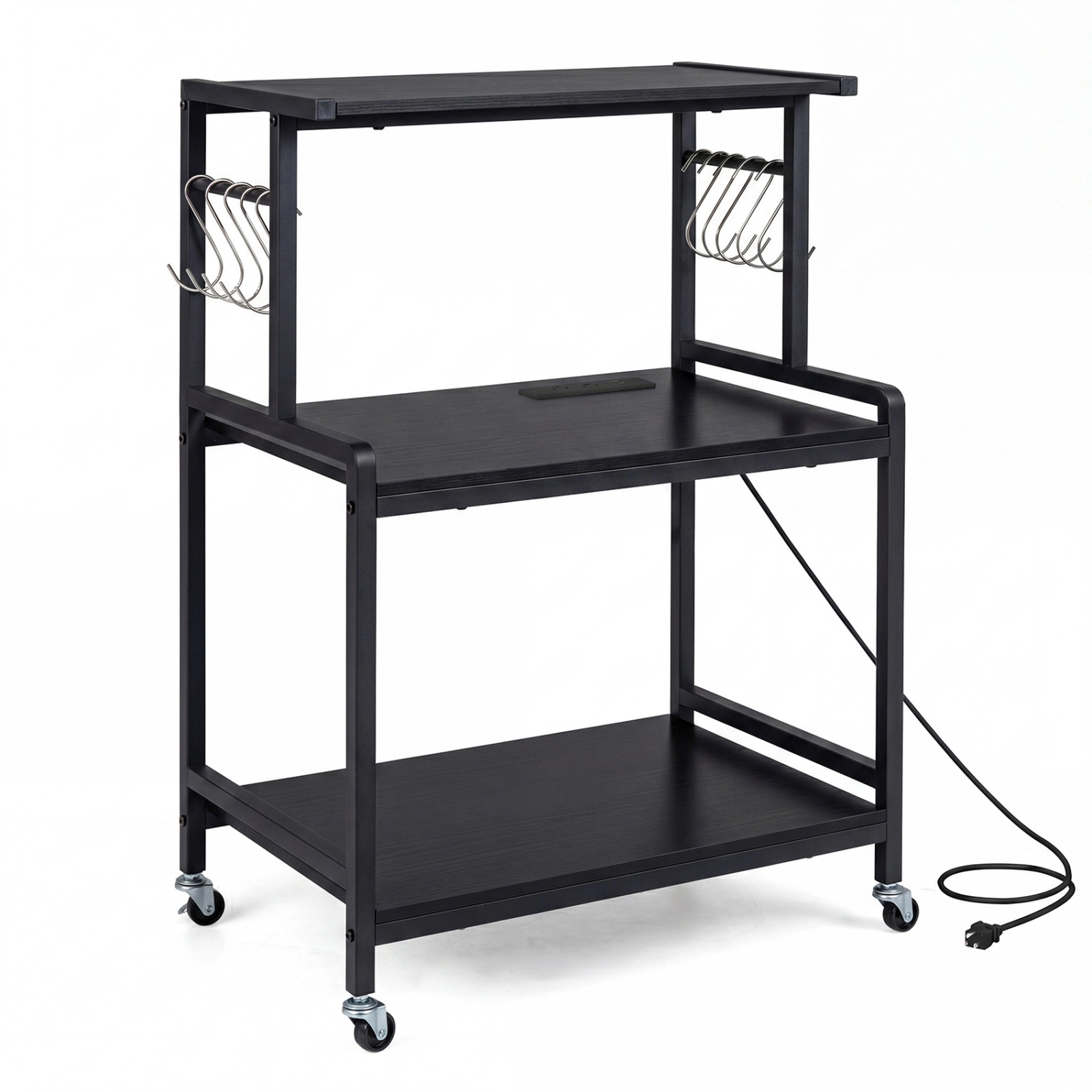 SUGIFT 3-Tier Black Rolling Microwave Cart with Power Outlet USB Type-C Ports and 10 Hooks for Coffee Bar