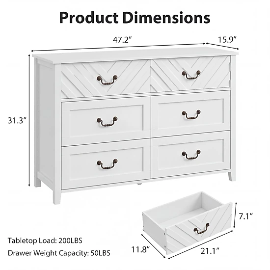 BebreezChic 6 Drawer Dresser with 3D v-Shape Front for Living Room, Nursery, Entryway White