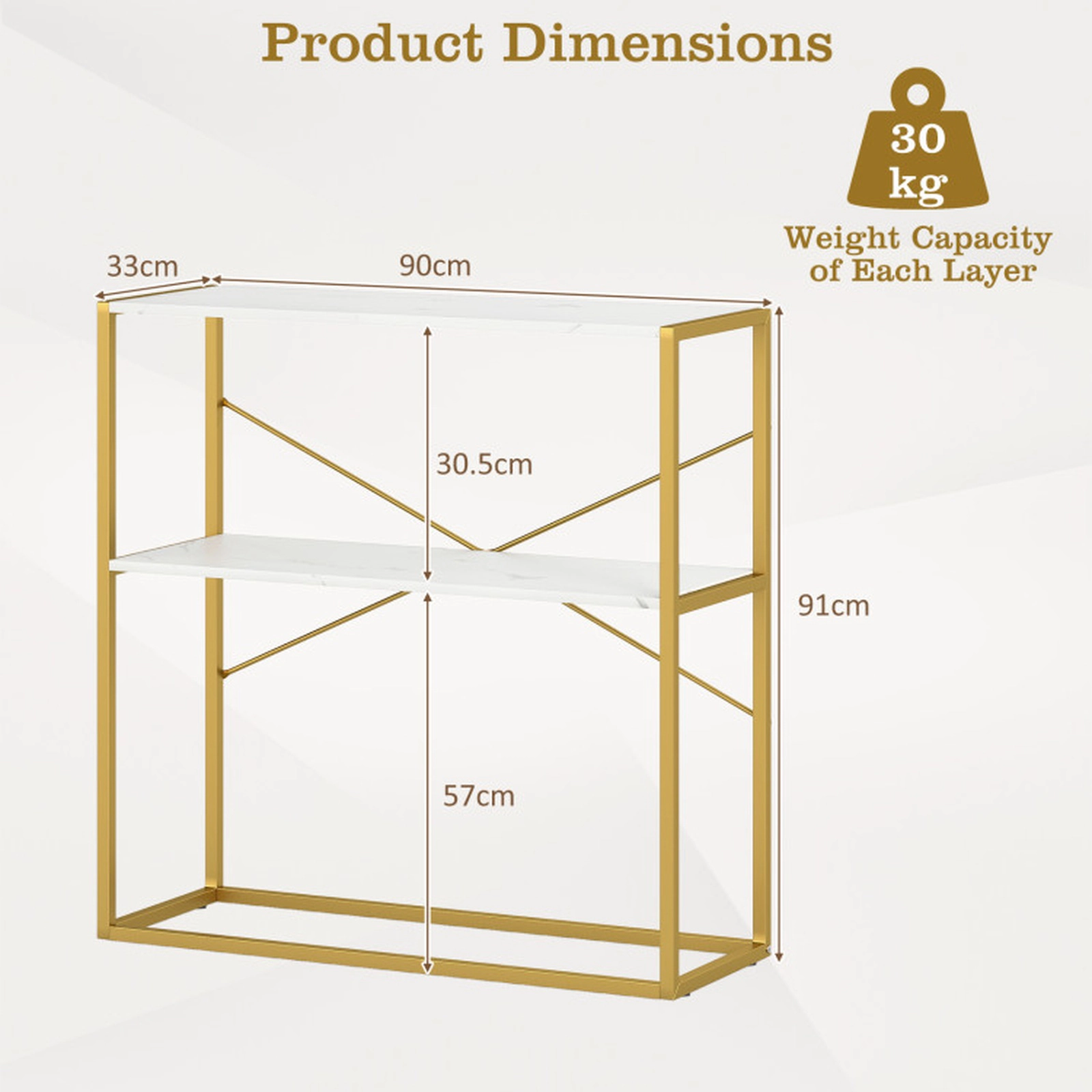 SUGIFT 2-Tier Open Shelves Gold Metal X Frame Entryway Console Table 36-in x 13-in x 36-in 66-lb per Shelf White