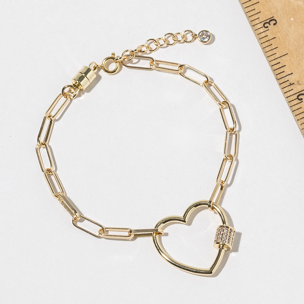 FASHNZFAB White Gold Dipped CZ Stone Paved Open Heart Carabiner Charm Link Chain Magnetic Bracelet - Clear, Rhodium