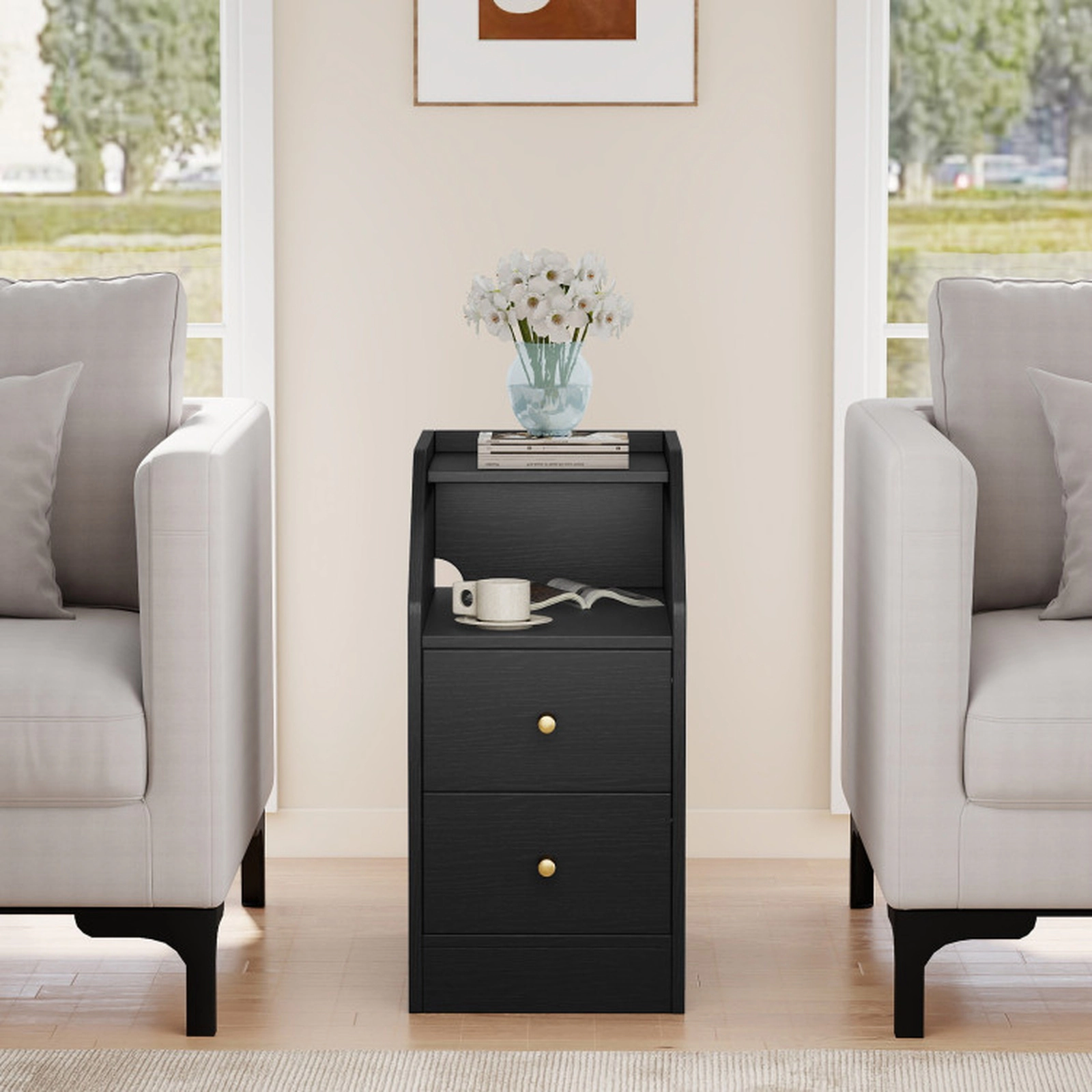 SUGIFT Set of 2 Charging Station 2 Drawers Open Shelf Narrow End Tables 16-in x 10-in x 20-in 35-lb Capacity Black