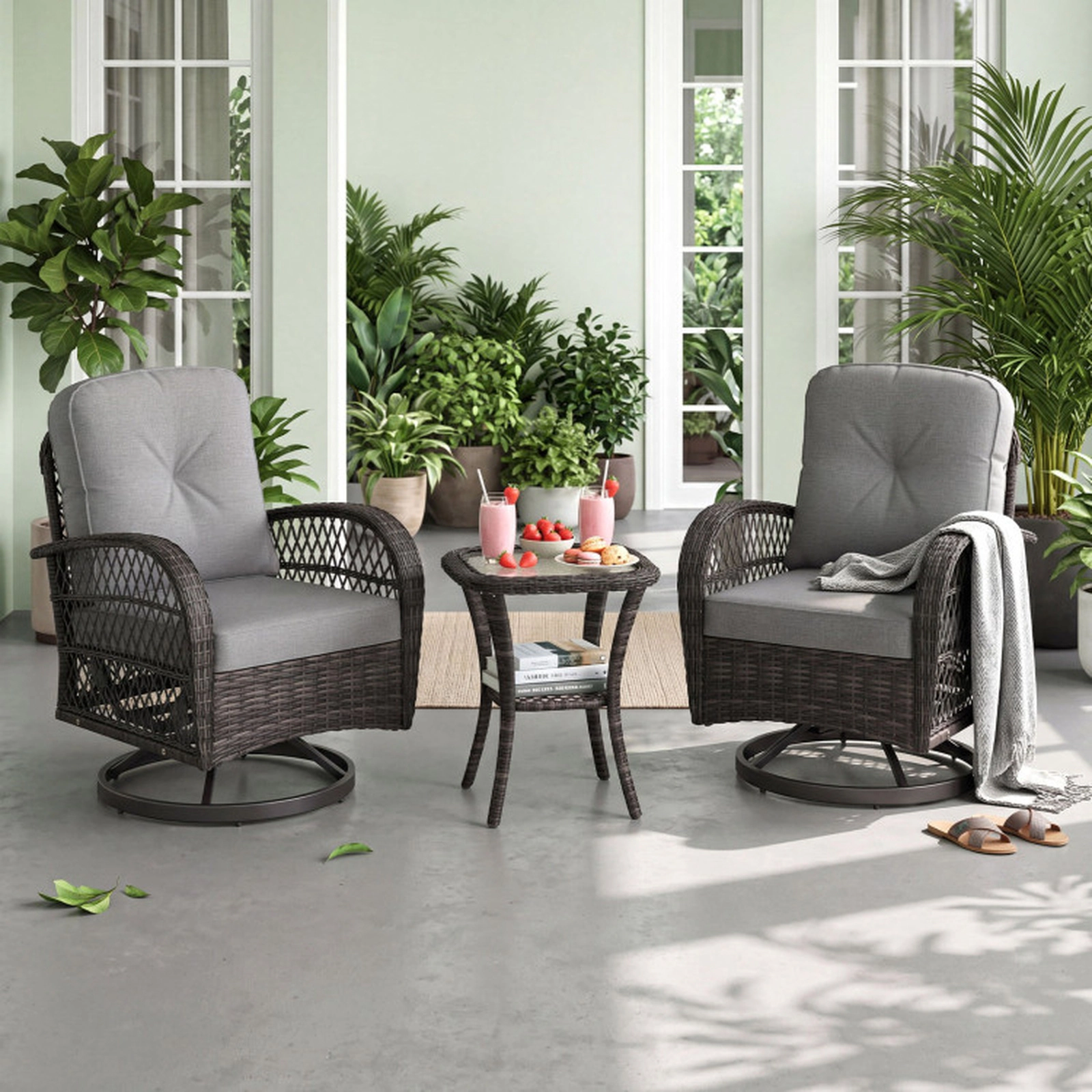 SUGIFT Patio Swivel Rocker Chair Set with Tempered Glass Side Table 400-lb Seat and 110-lb Table Capacity Dark Gray