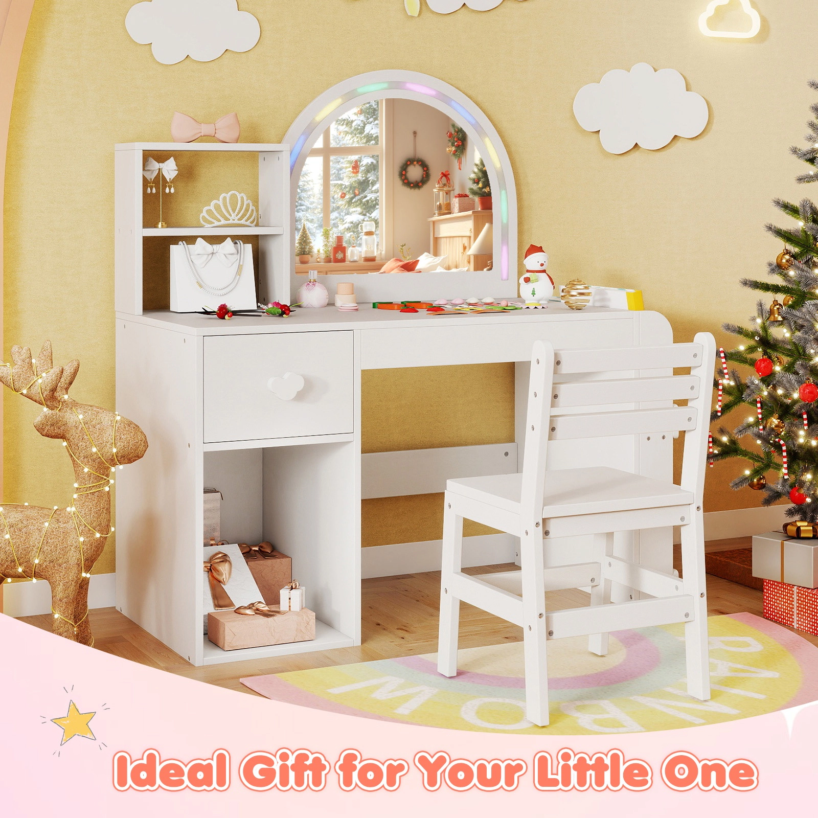 SUGIFT Kids Vanity Table and Chair Set with Lighted Mirror 110-lb Tabletop and 165-lb Chair Capacity Ages 3+ White