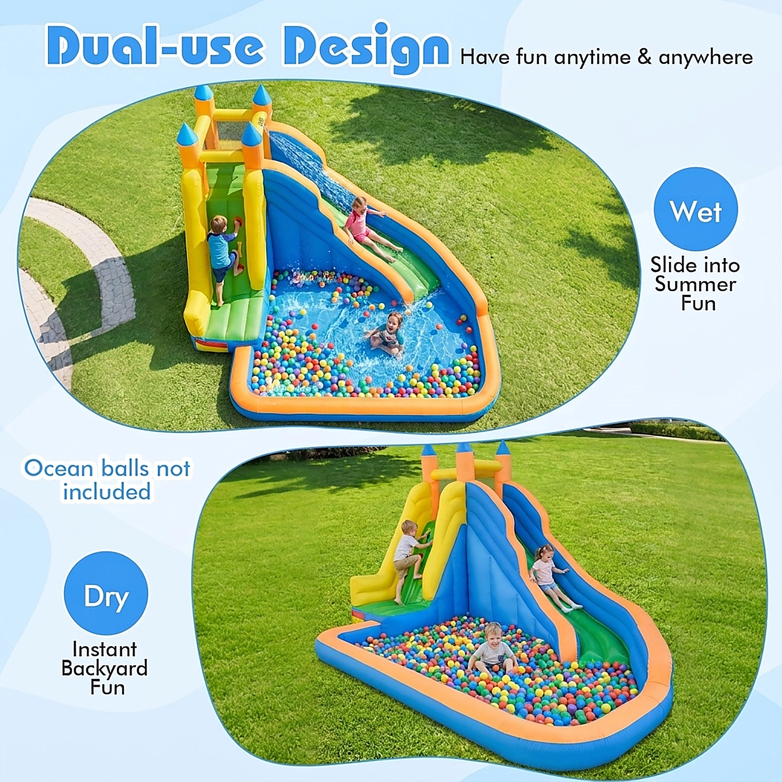 SUGIFT Curved Slide Climbing Wall and 680W Blower 3-in-1 Kids Inflatable Water Slide