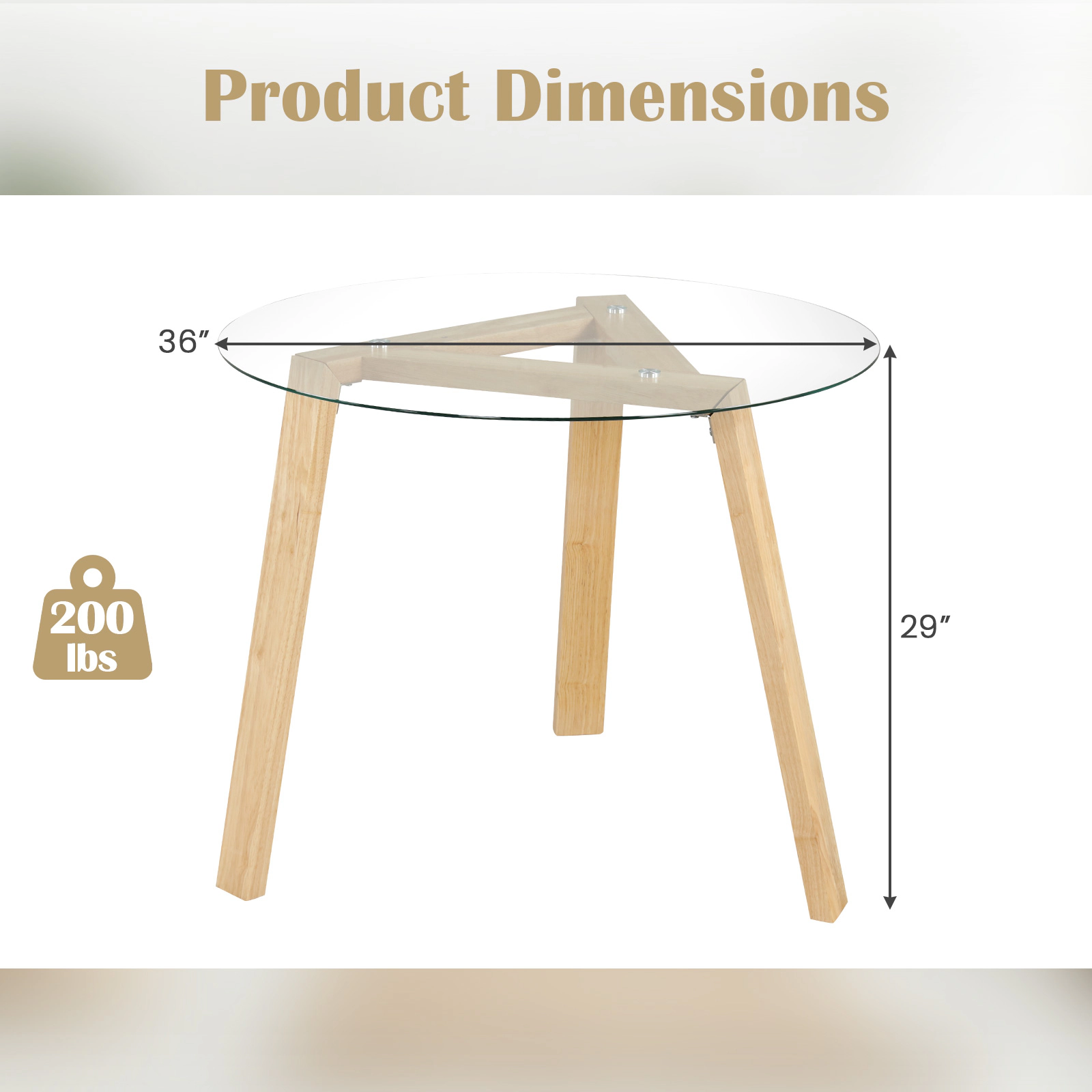 LJG 36 Inches Round Glass Dining Table for 4 with Rubber Wood Frame