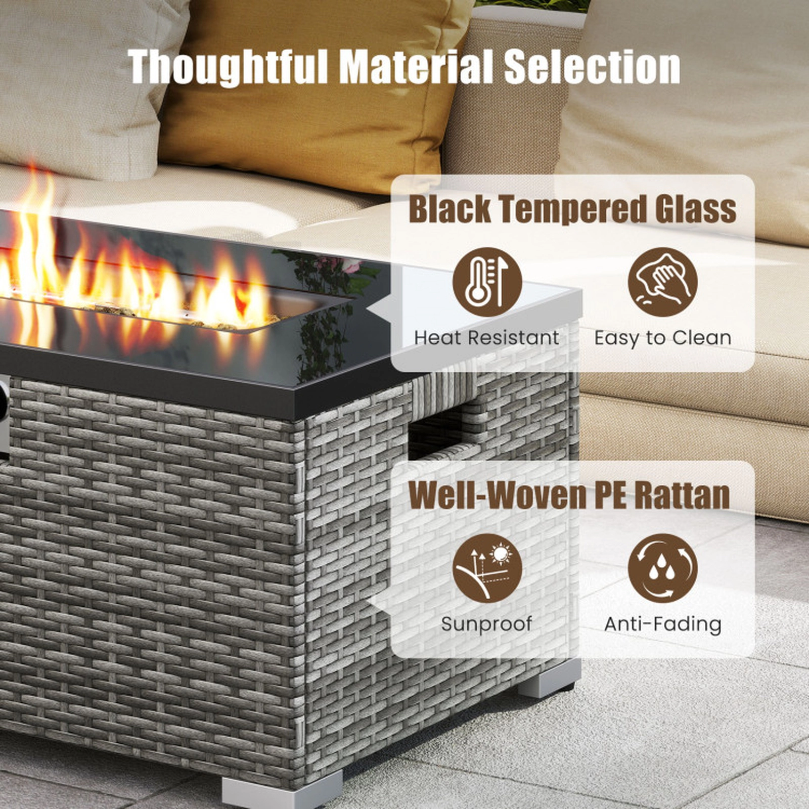 SUGIFT Gray Rattan Gas Fire Pit Table Set with Glass Top 32-in W 20-in D 16-in H 265-lb Tabletop Capacity