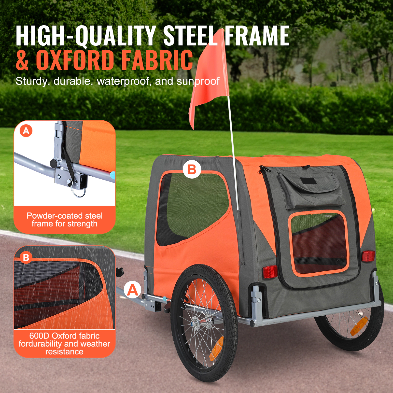 HONGGE Dog Bike Trailer, 66 lb Capacity, Weatherproof Pet Carrier with Mesh Windows, Orange/Gray