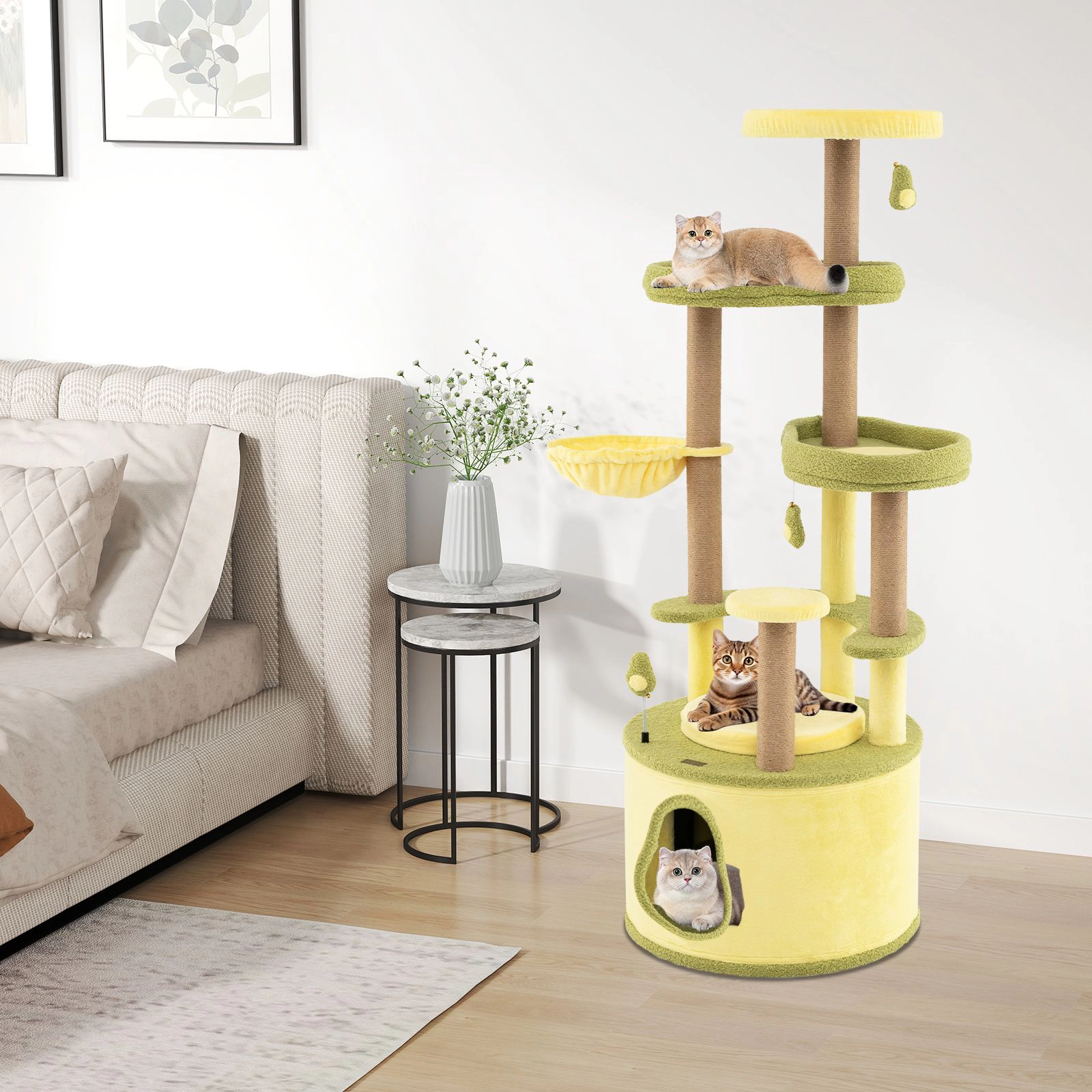 SlickBlue 62.5" Avocado Cat Tree with Perches, Basket & Scratcher