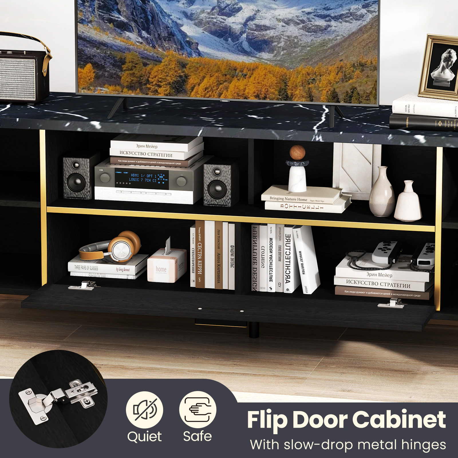 Glintex 63-Inch TV Stand with Flip-Down Door and Faux Marble Top, Black