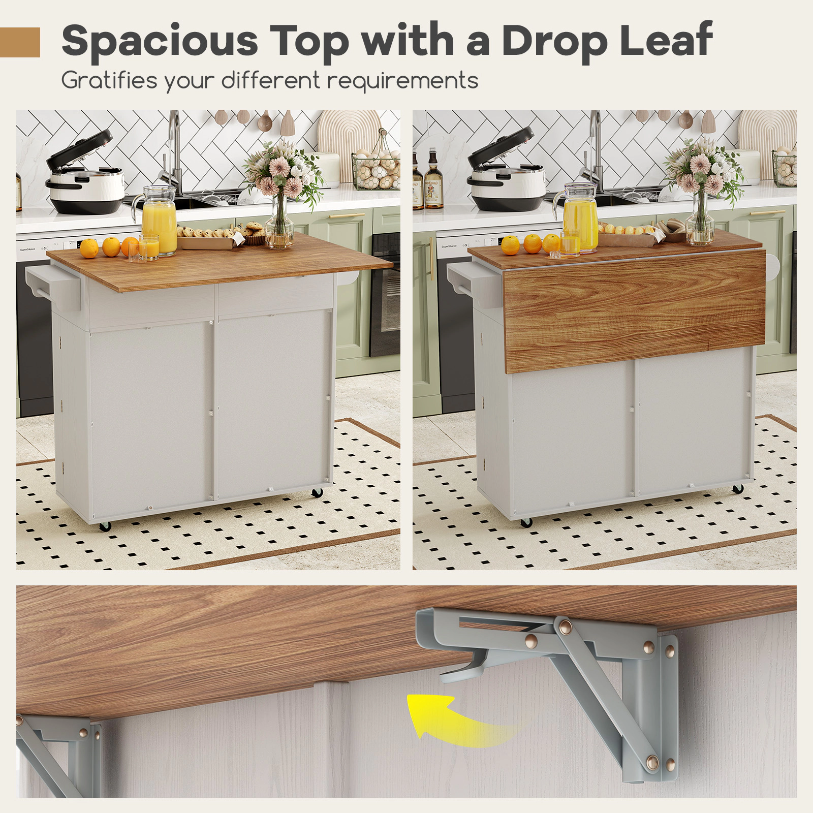 SUGIFT Rolling Kitchen Island Gray with Trash Can Cabinet Drop Leaf and Rubber Wheels