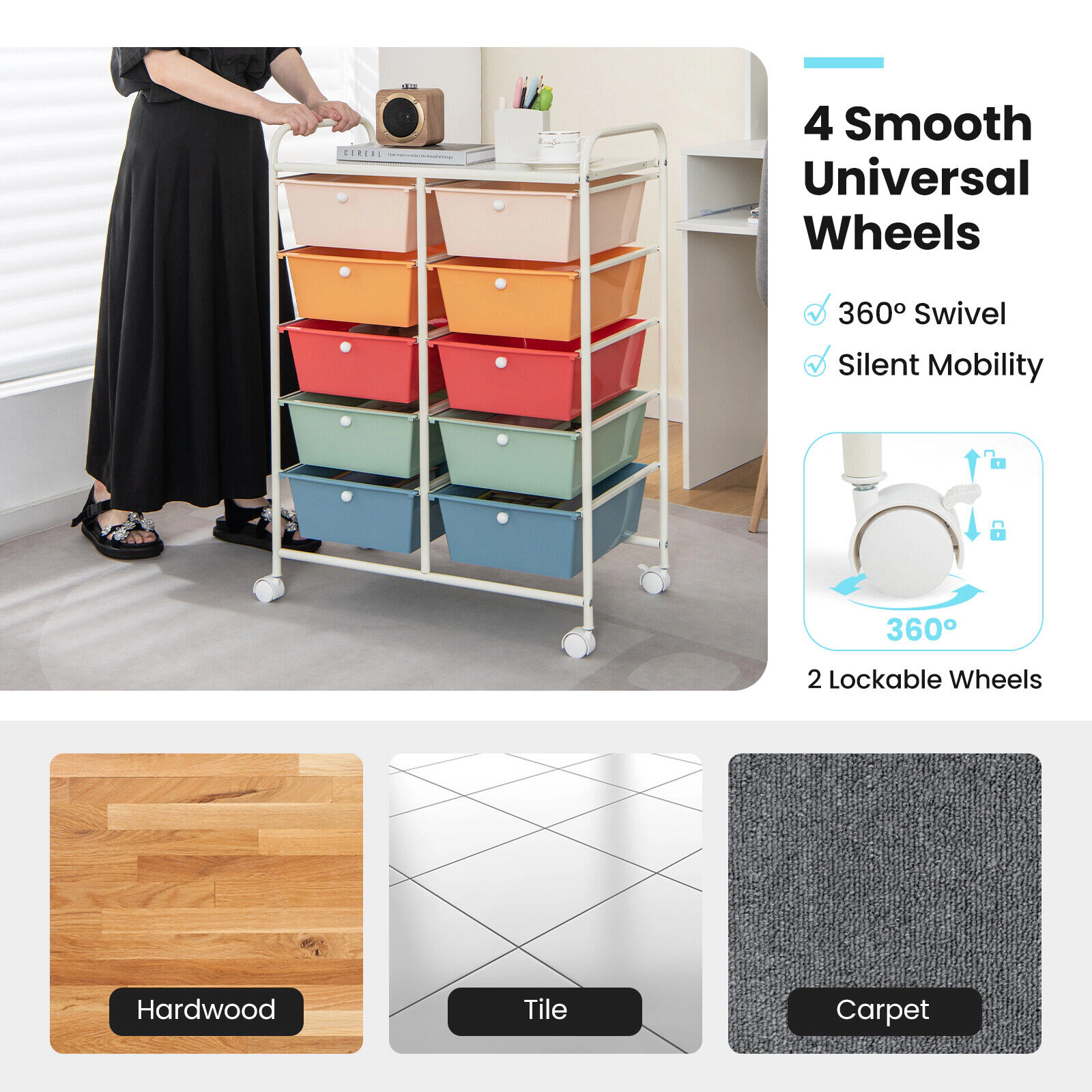 SUGIFT 26-in 10-Drawer Rolling Storage Cart Craft Organizer with 5-in Deep Drawers and Mesh Top Shelf
